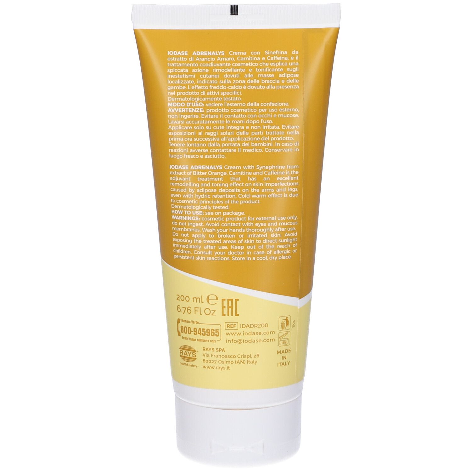 Retro del tubo giallo. Scritta: Iodase Adrenalys. 200 ml. Ingredienti. Istruzioni per l'uso. Marchio EAC.