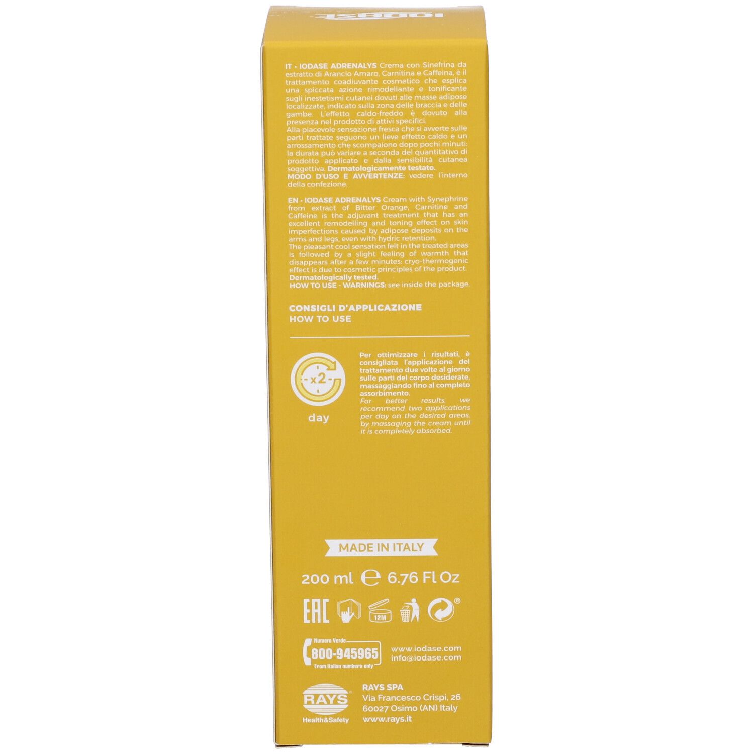 Scatola gialla. Scritta: Iodase Adrenalys. Istruzioni per l'uso. 200 ml. Prodotto in Italia.
