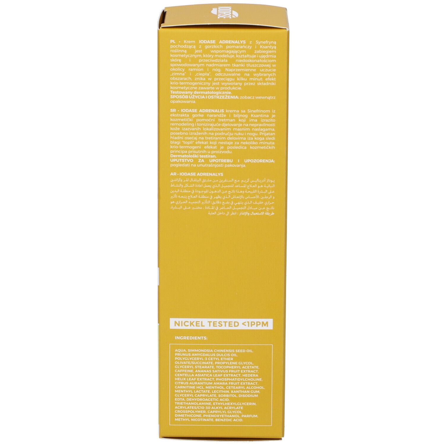 Scatola gialla. Scritta: Iodase Adrenalys. Ingredienti. Nichel testato <1ppm.