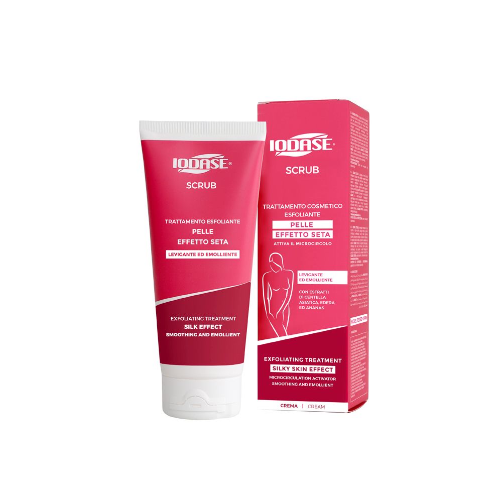 Tubo rosa e confezione Iodase Scrub. Testo: Trattamento esfoliante, effetto seta, levigante ed emolliente.