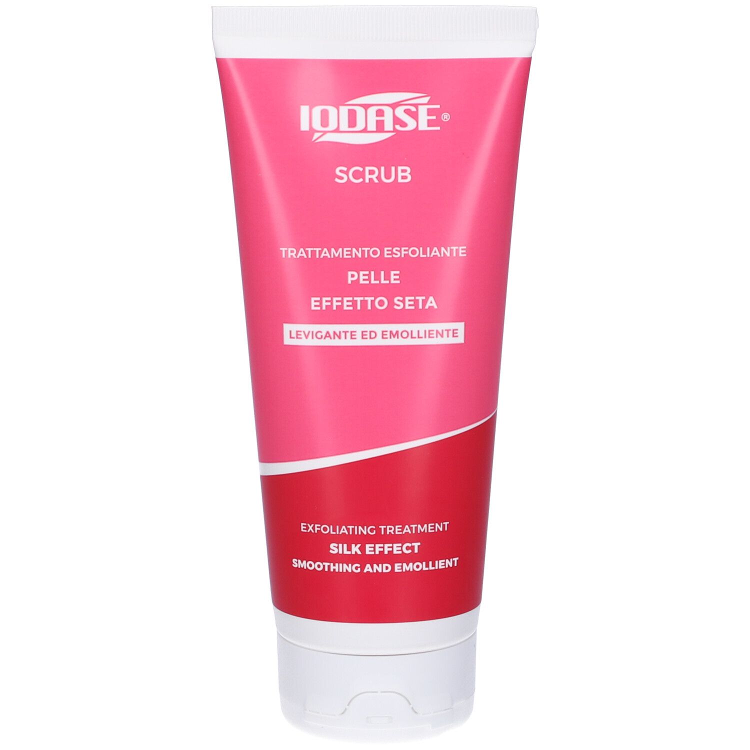 Tubo rosa Iodase Scrub. Testo: Trattamento esfoliante, effetto seta, levigante ed emolliente. Tappo bianco.