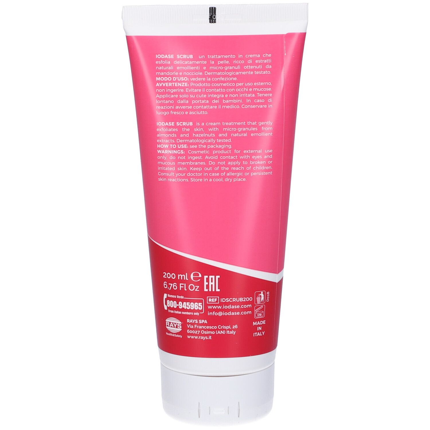 Retro del tubo rosa Iodase Scrub. Testo: 200 ml, 6,76 FL OZ, ingredienti, informazioni produttore, Made in Italy.