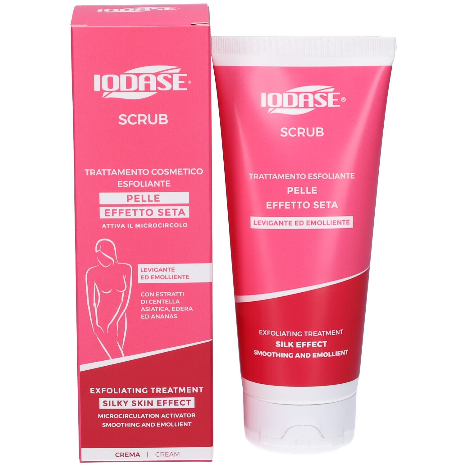 Tubo e confezione rosa Iodase Scrub. Testo: Trattamento esfoliante, effetto seta, levigante ed emolliente. Silhouette donna.