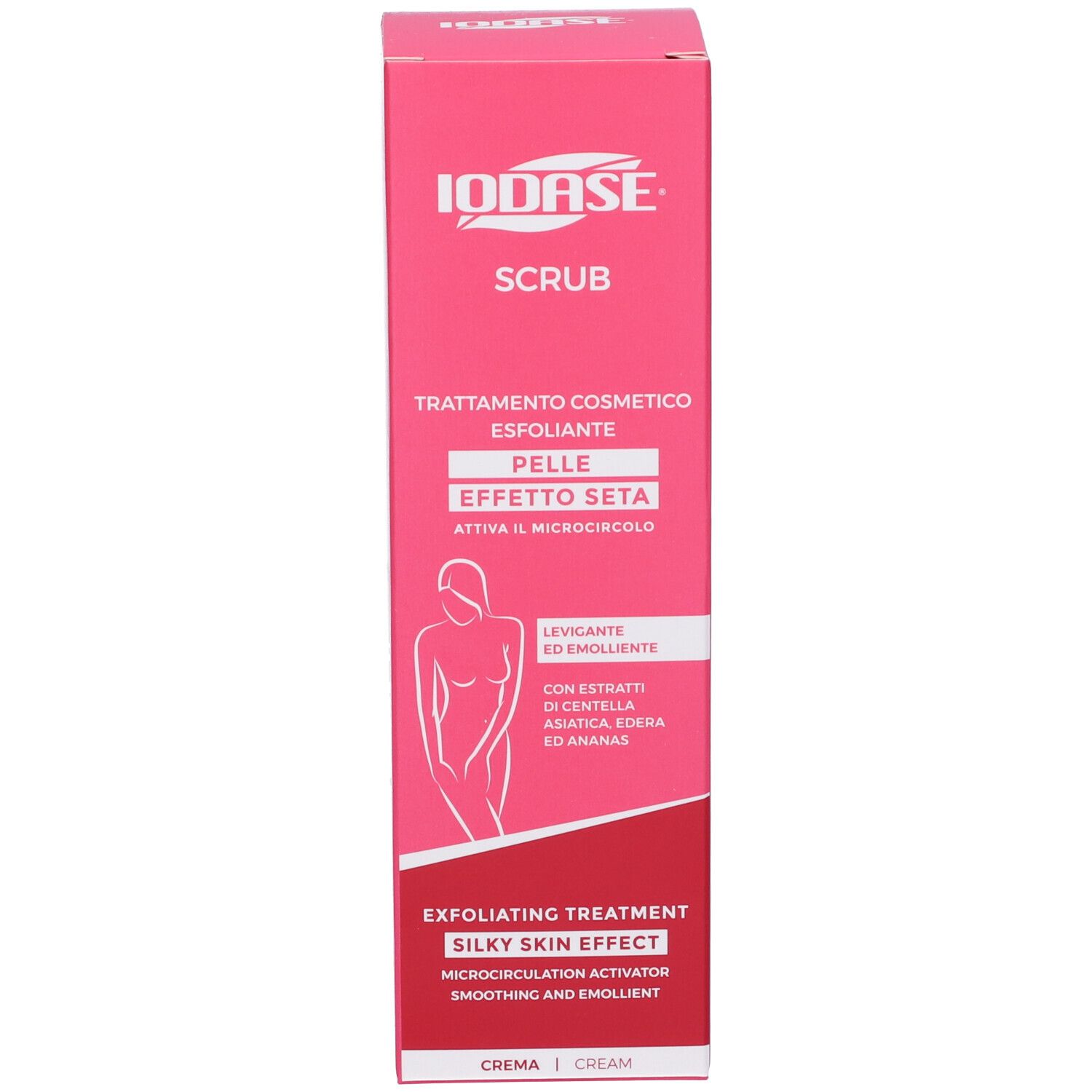 Confezione rosa Iodase Scrub. Testo: Trattamento esfoliante, effetto seta, levigante ed emolliente. Silhouette donna.