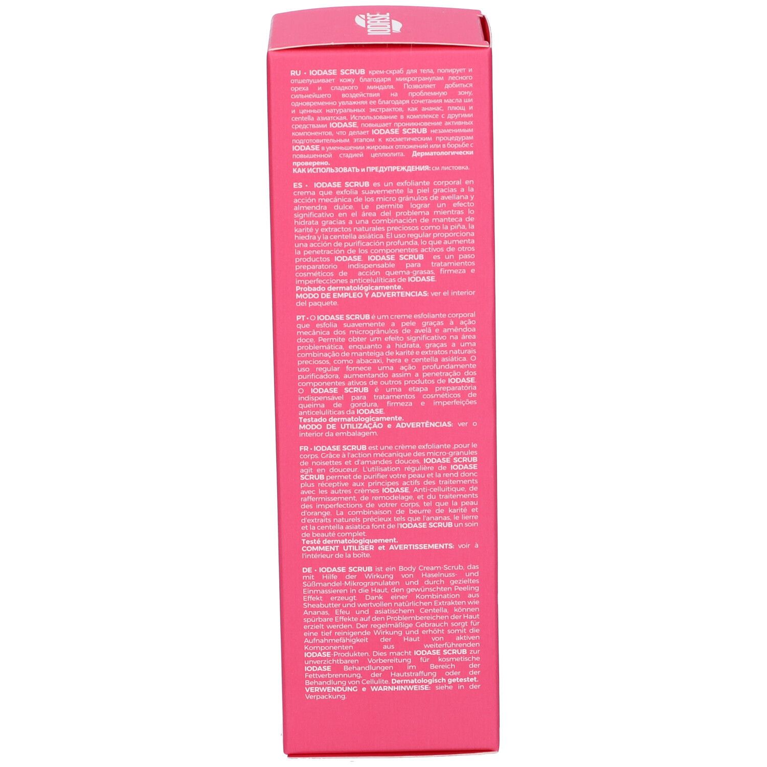 Confezione rosa Iodase Scrub. Testo multilingue. Informazioni produttore. Nickel testato <1ppm.