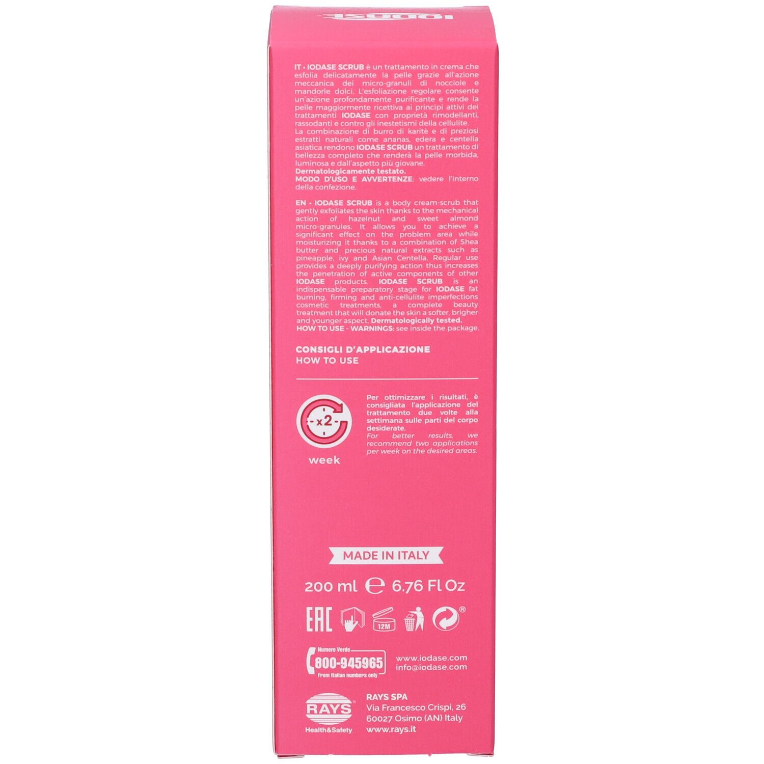Retro della confezione rosa Iodase Scrub. Testo: 200 ml, 6,76 FL OZ, Made in Italy, istruzioni per l'uso.