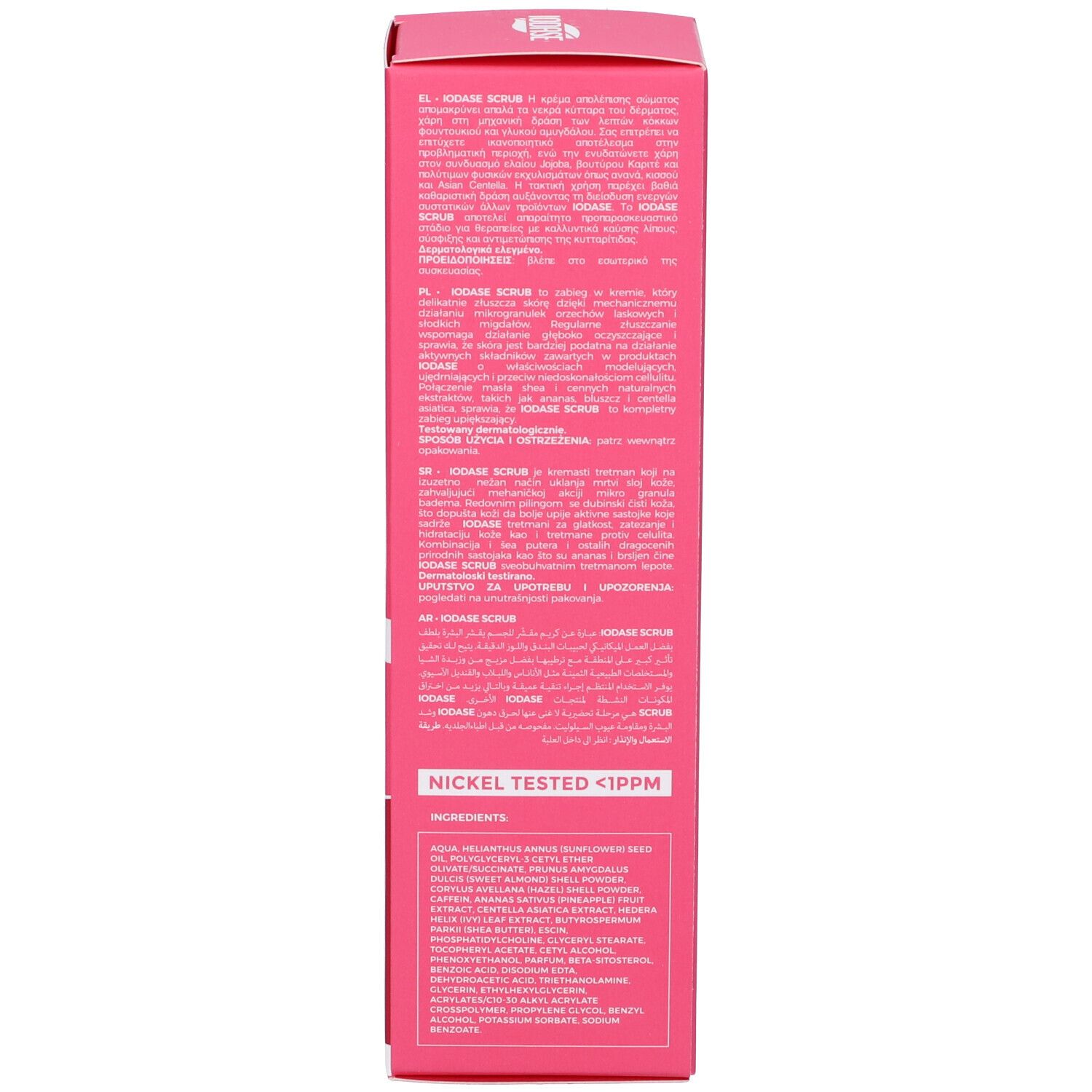 Confezione rosa Iodase Scrub. Testo multilingue. Informazioni produttore.