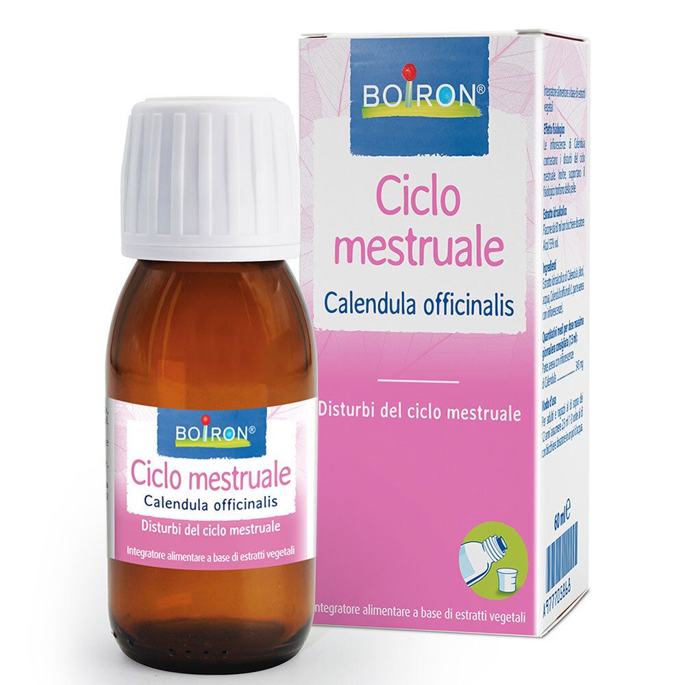 Flacone di vetro marrone con tappo bianco ed etichetta. L'etichetta riporta "Ciclo mestruale Calendula officinalis". Accanto, una confezione.