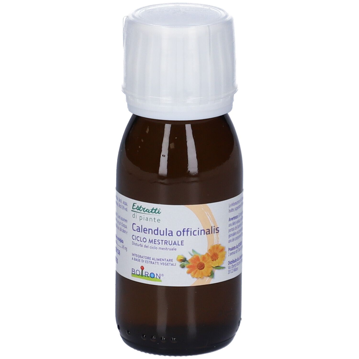 Flacone di vetro marrone con tappo bianco. L'etichetta riporta "Calendula officinalis Ciclo mestruale".