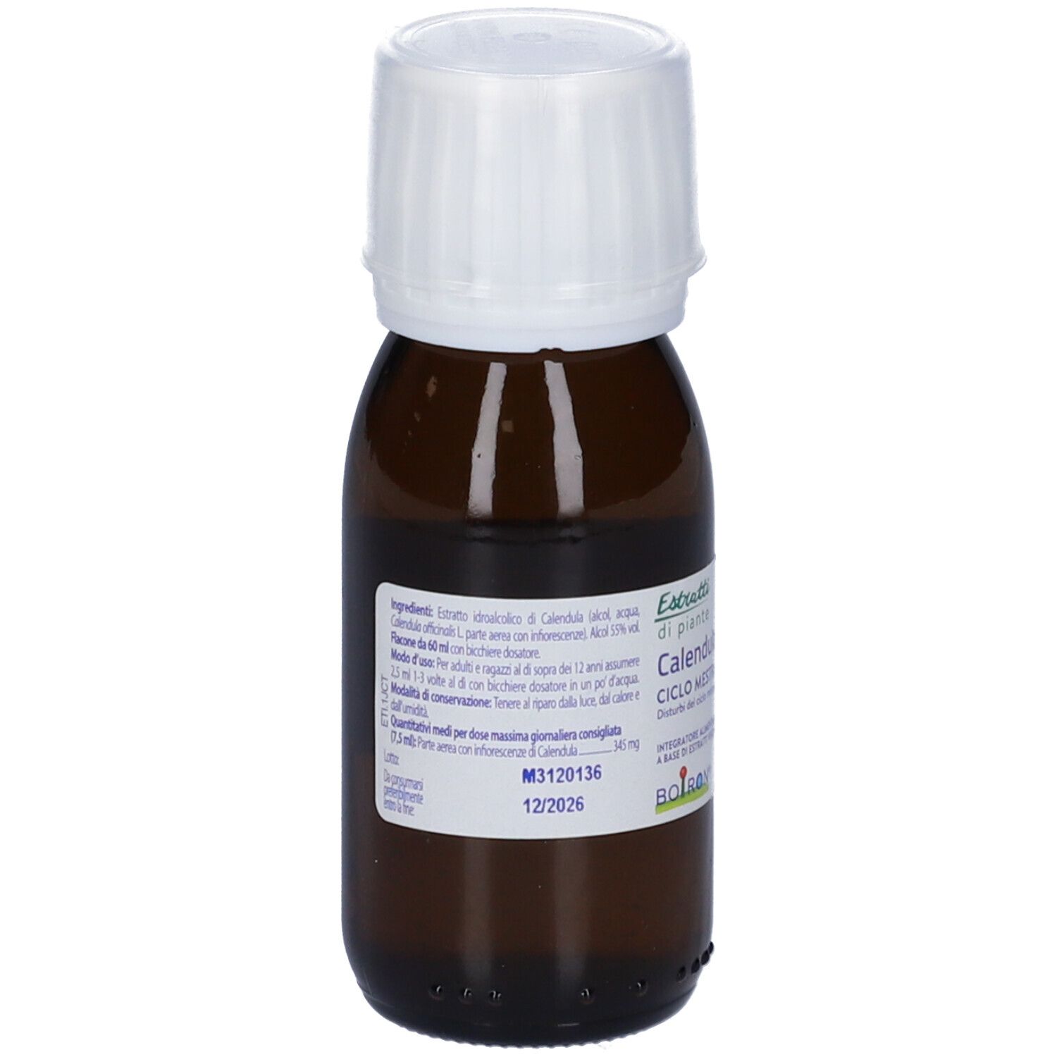 Flacone di vetro marrone con tappo bianco. L'etichetta riporta "Calendula officinalis Ciclo mestruale".