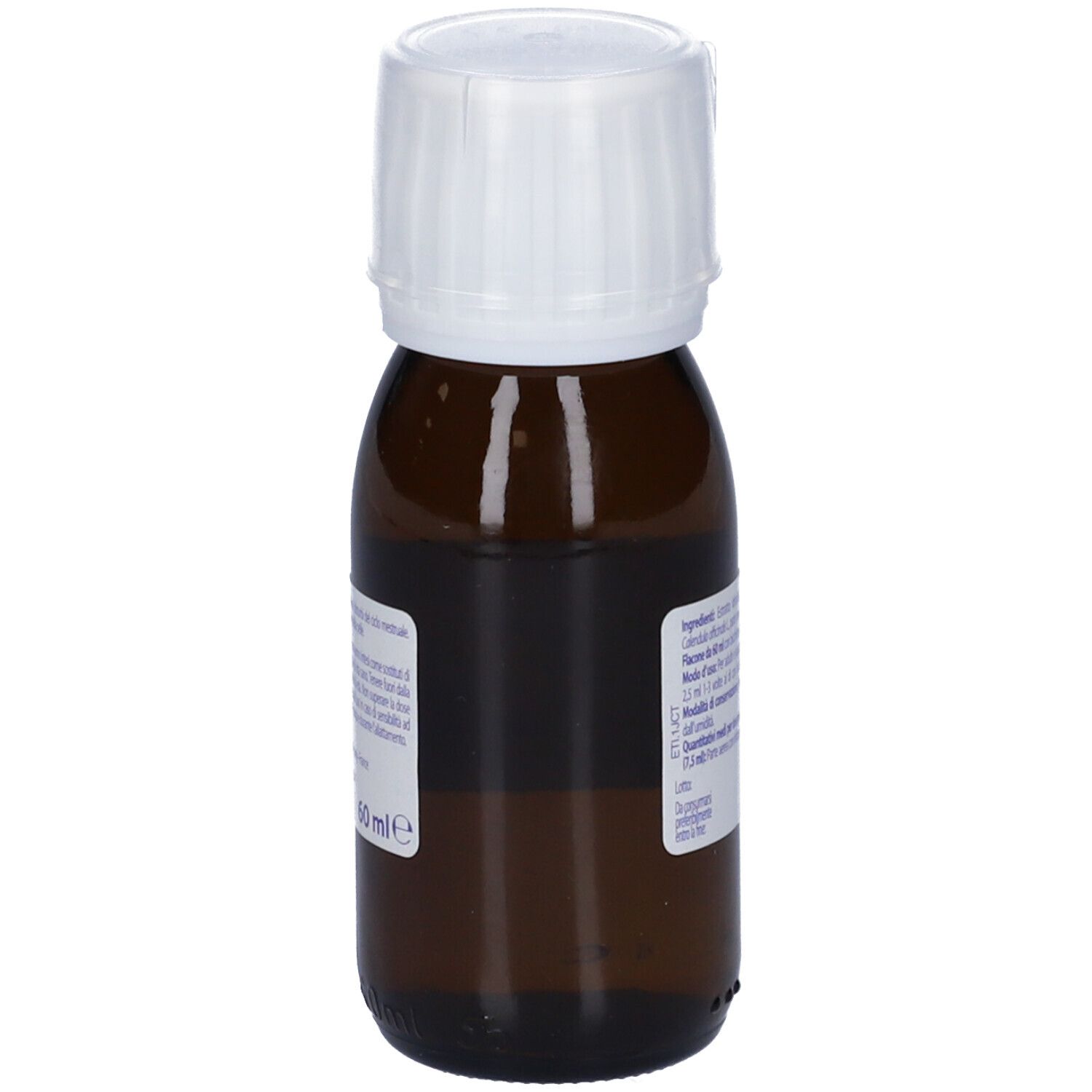 Flacone di vetro marrone con tappo bianco. L'etichetta riporta "Calendula officinalis Ciclo mestruale".