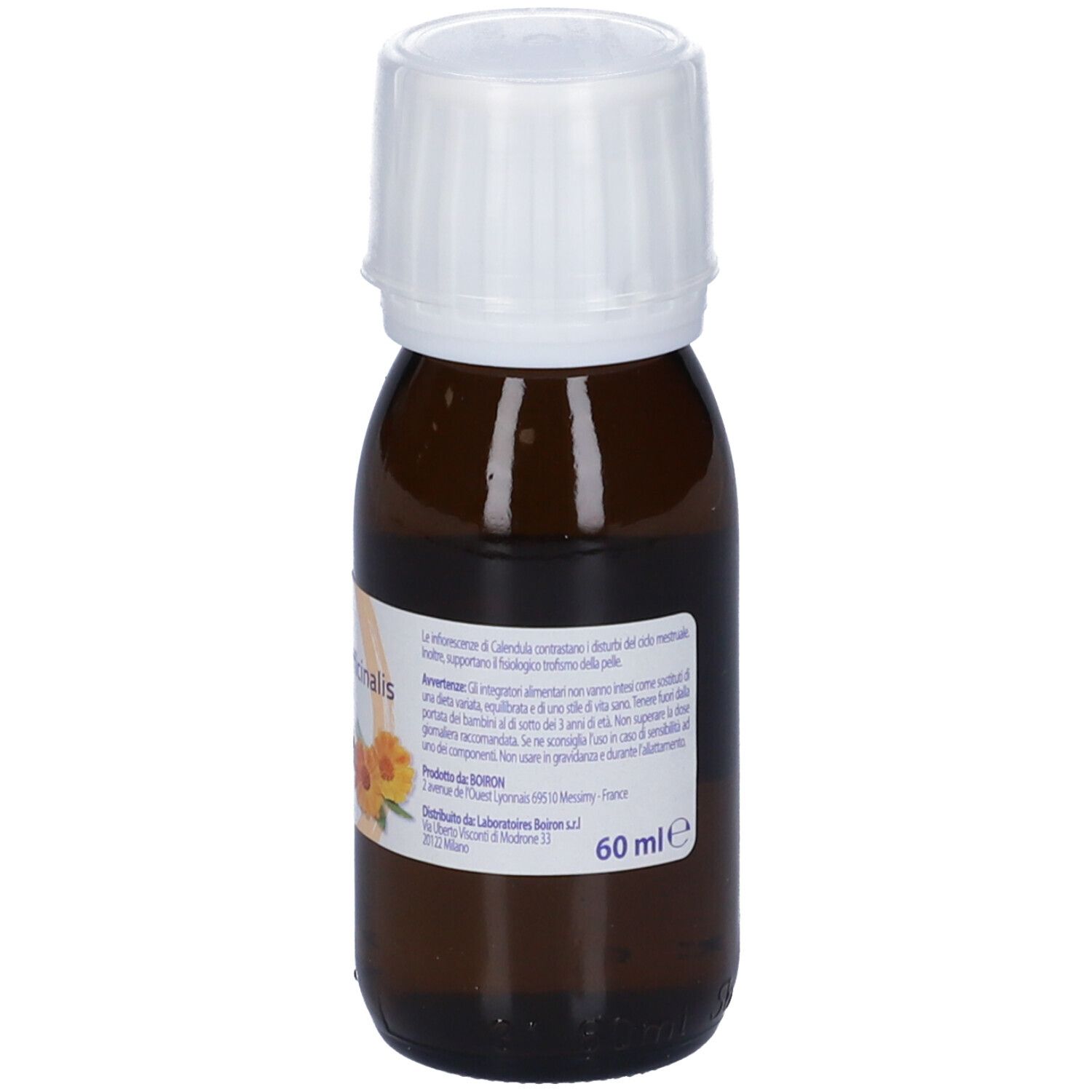 Flacone di vetro marrone con tappo bianco. L'etichetta riporta "Calendula officinalis Ciclo mestruale".