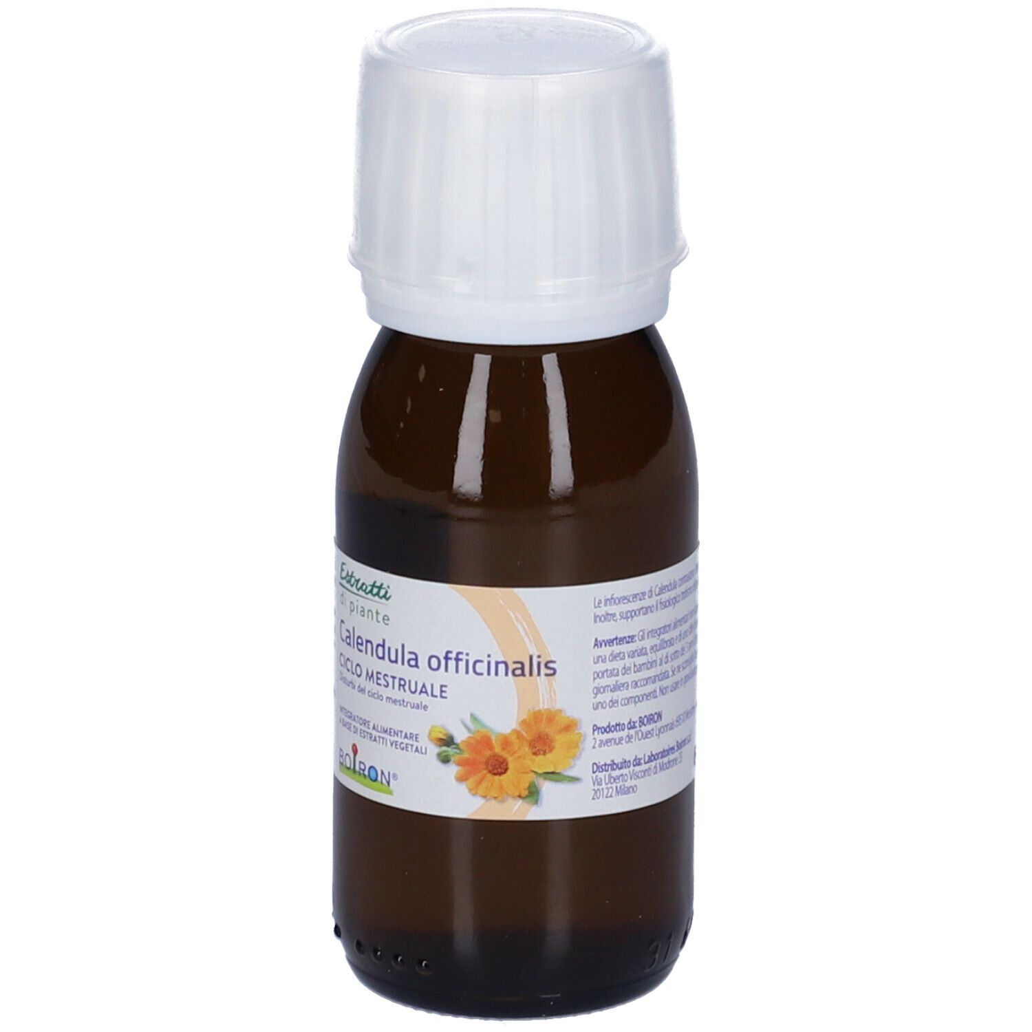 Flacone di vetro marrone con tappo bianco. L'etichetta riporta "Calendula officinalis Ciclo mestruale".