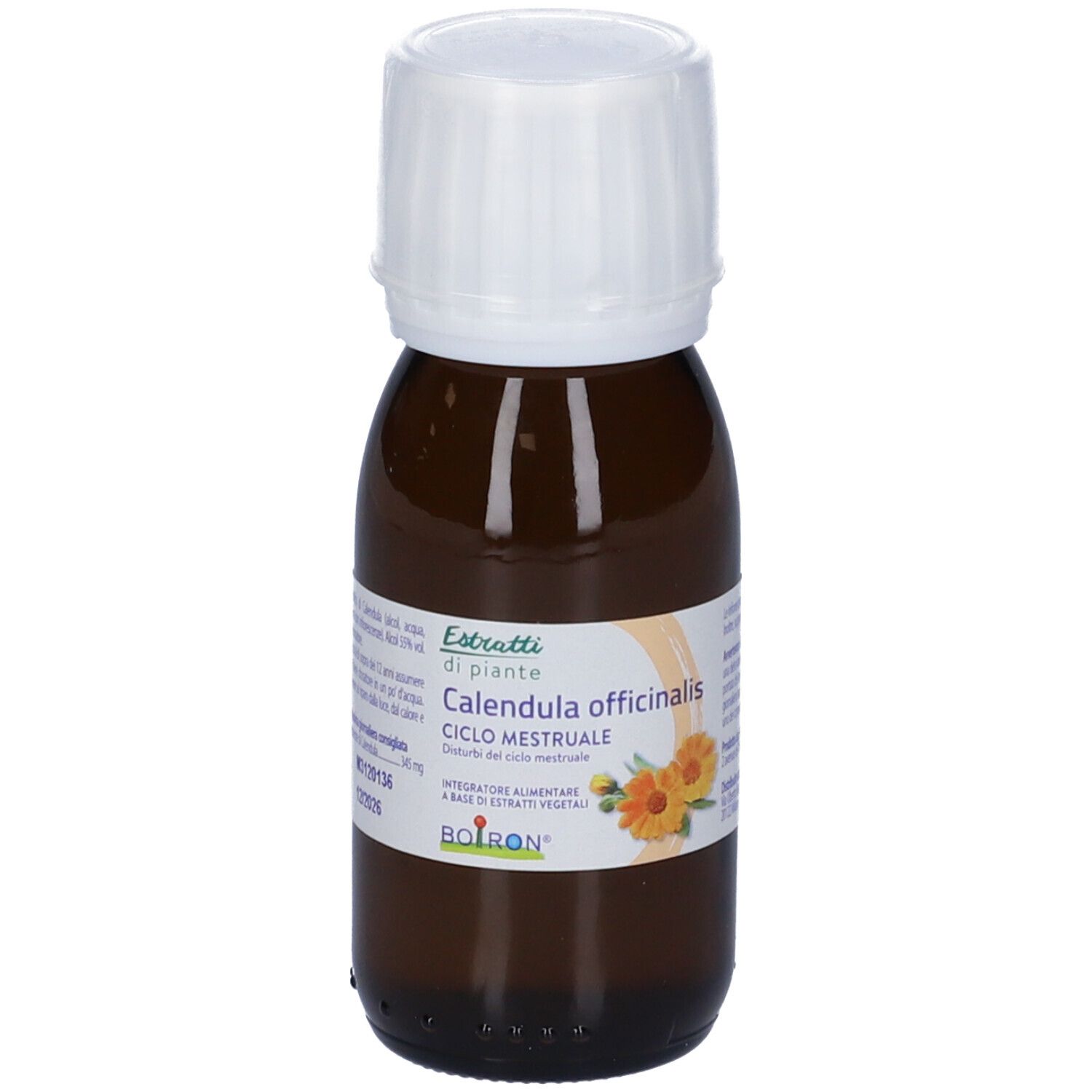 Flacone di vetro marrone con tappo bianco. L'etichetta riporta "Calendula officinalis Ciclo mestruale".