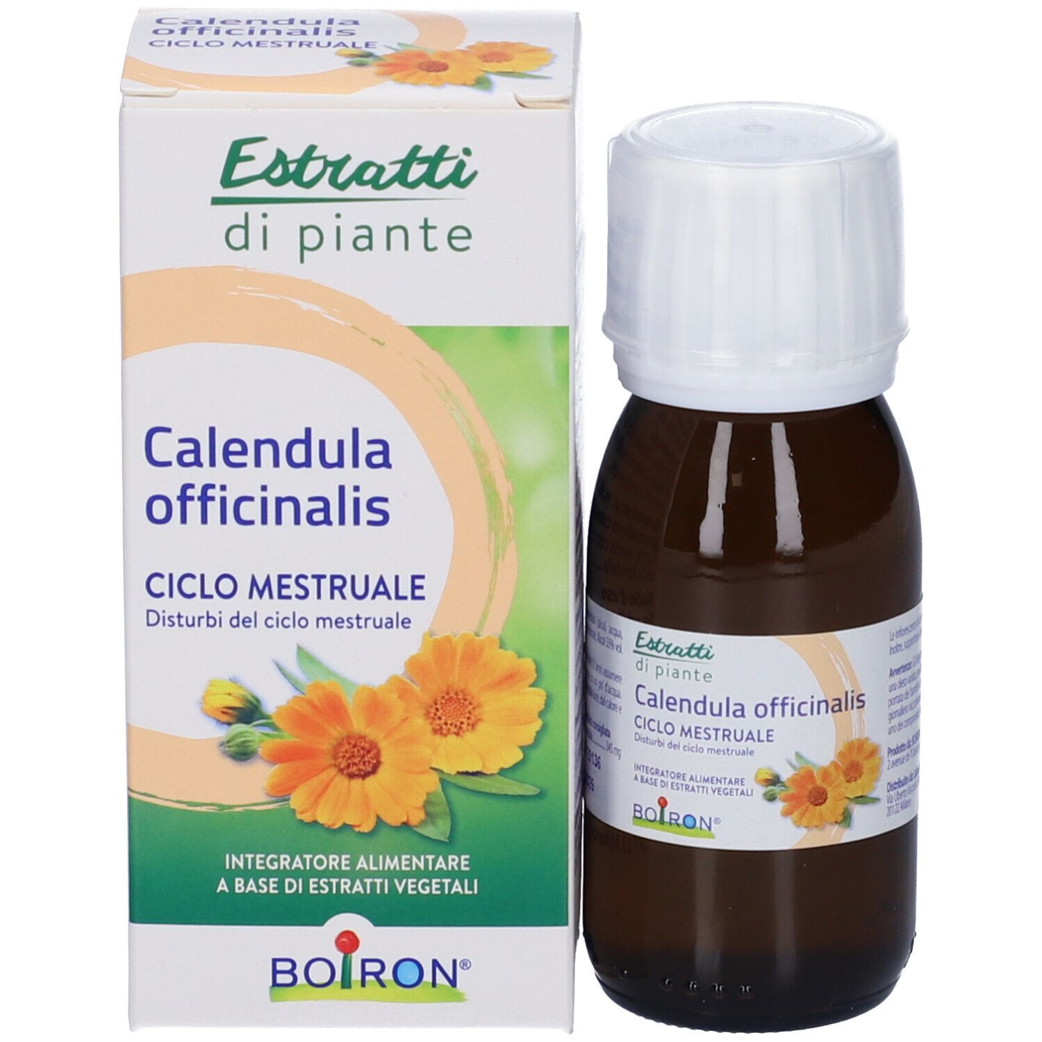 Flacone di vetro marrone con tappo bianco e confezione. Sul flacone è scritto "Calendula officinalis Ciclo mestruale".
