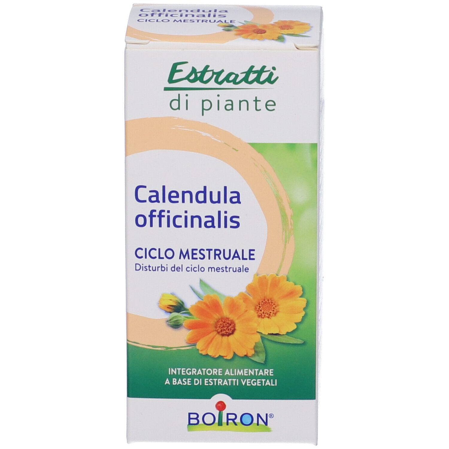 Confezione con scritta "Calendula officinalis Ciclo mestruale". Immagine di fiori.