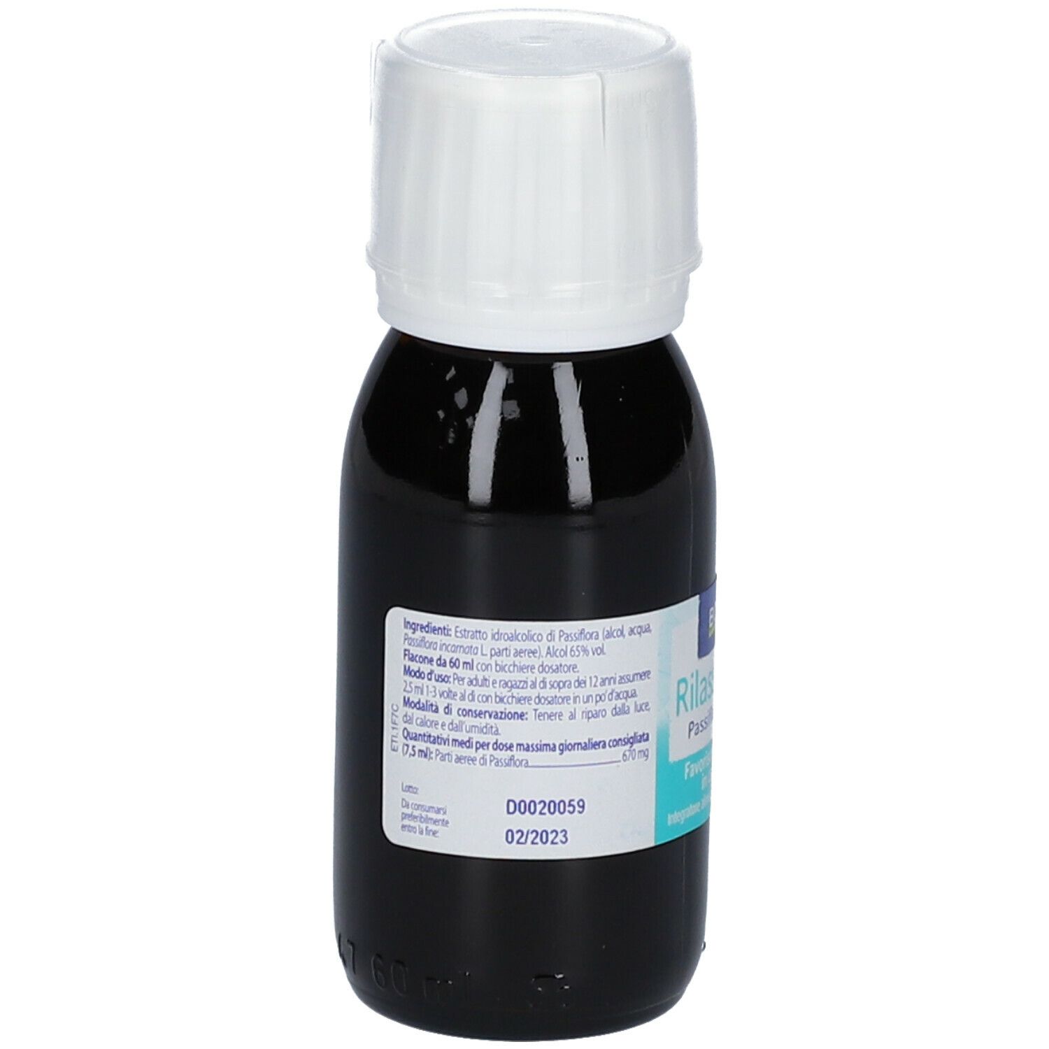 Flacone di vetro marrone con tappo bianco. Scritto BOIRON Rilassamento, Passiflora incarnata. Contiene informazioni e data di scadenza.