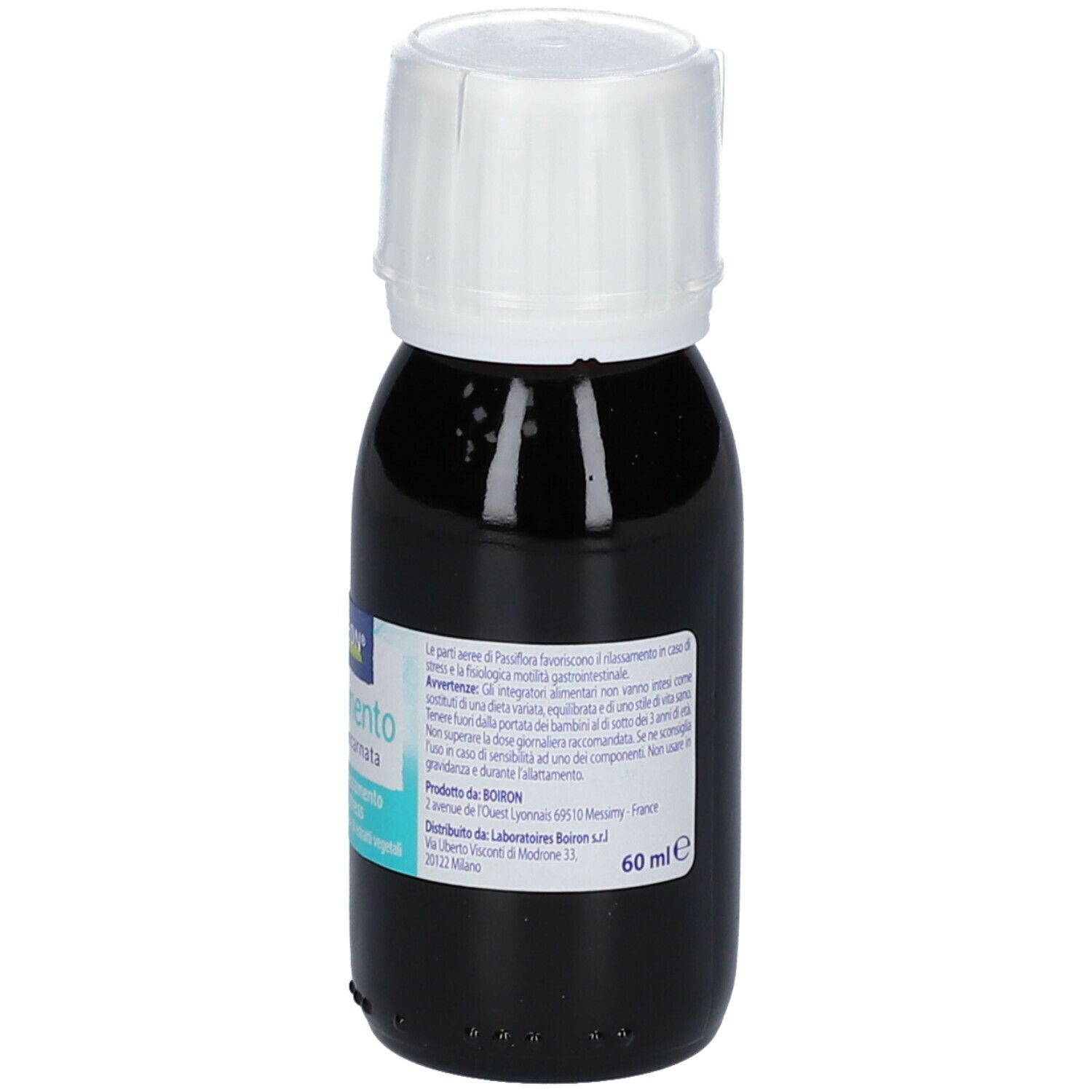 Flacone di vetro marrone con tappo bianco. Scritto BOIRON Rilassamento, Passiflora incarnata. Contiene informazioni e ingredienti.