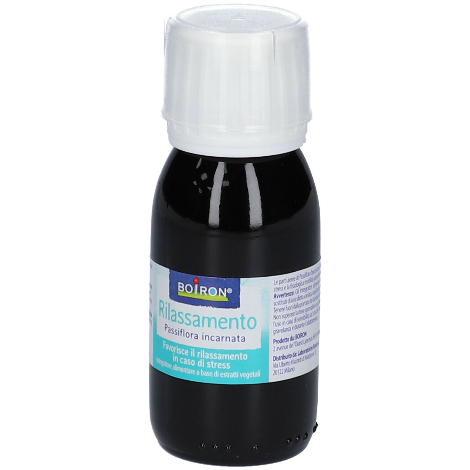 Flacone di vetro marrone con tappo bianco. Scritto BOIRON Rilassamento, Passiflora incarnata. Favorisce il rilassamento in caso di stress.