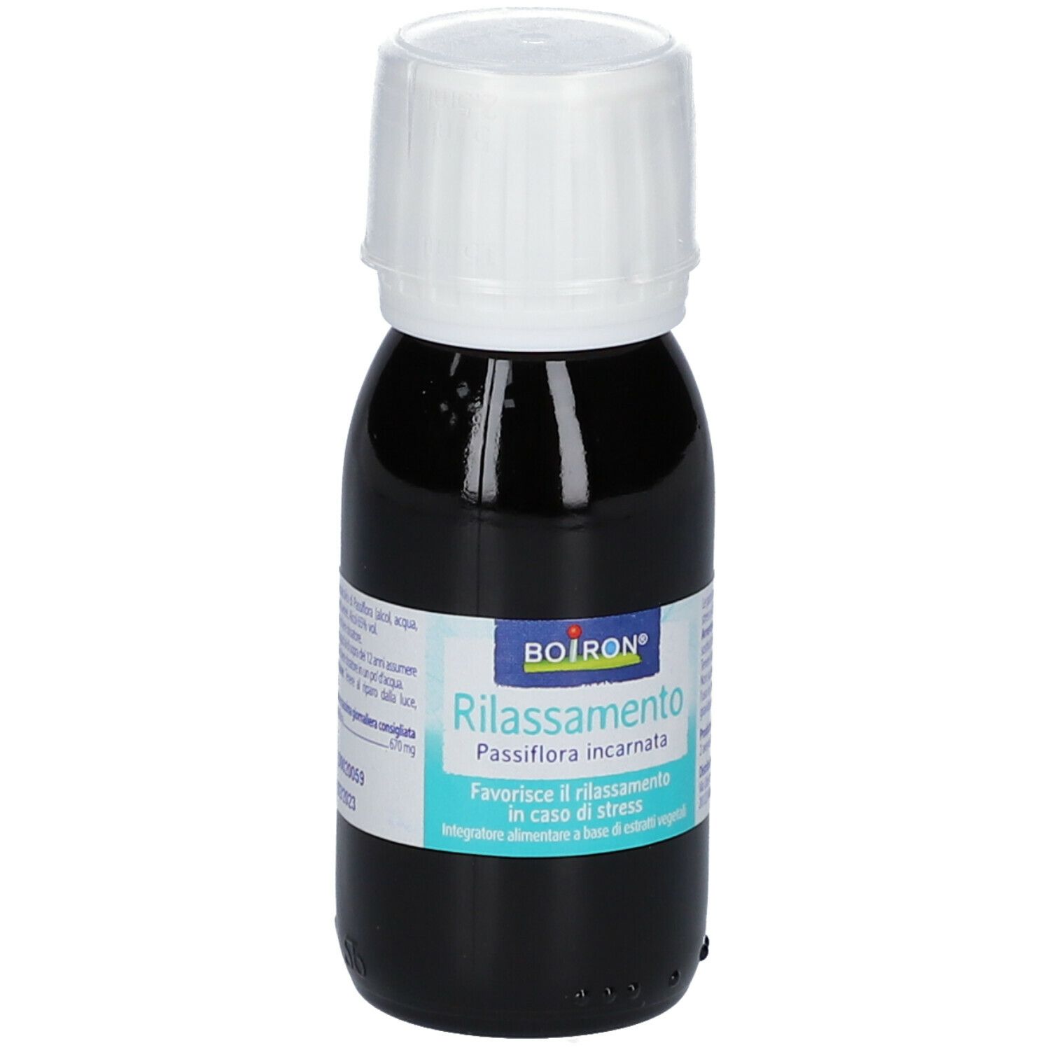 Flacone di vetro marrone con tappo bianco. Scritto BOIRON Rilassamento, Passiflora incarnata. Favorisce il rilassamento in caso di stress.