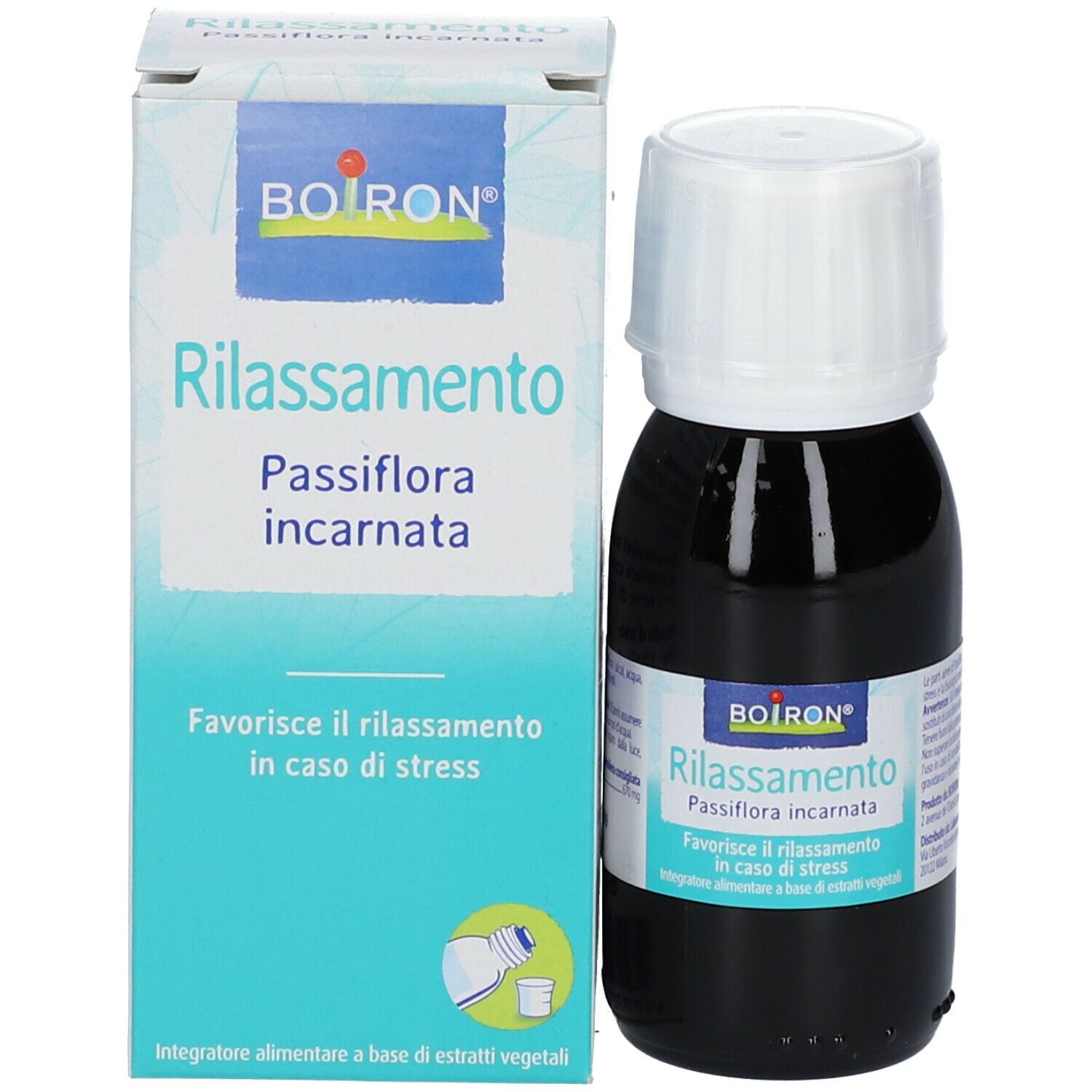 Flacone di vetro marrone e scatola BOIRON Rilassamento. Contiene Passiflora incarnata. Favorisce il rilassamento in caso di stress.