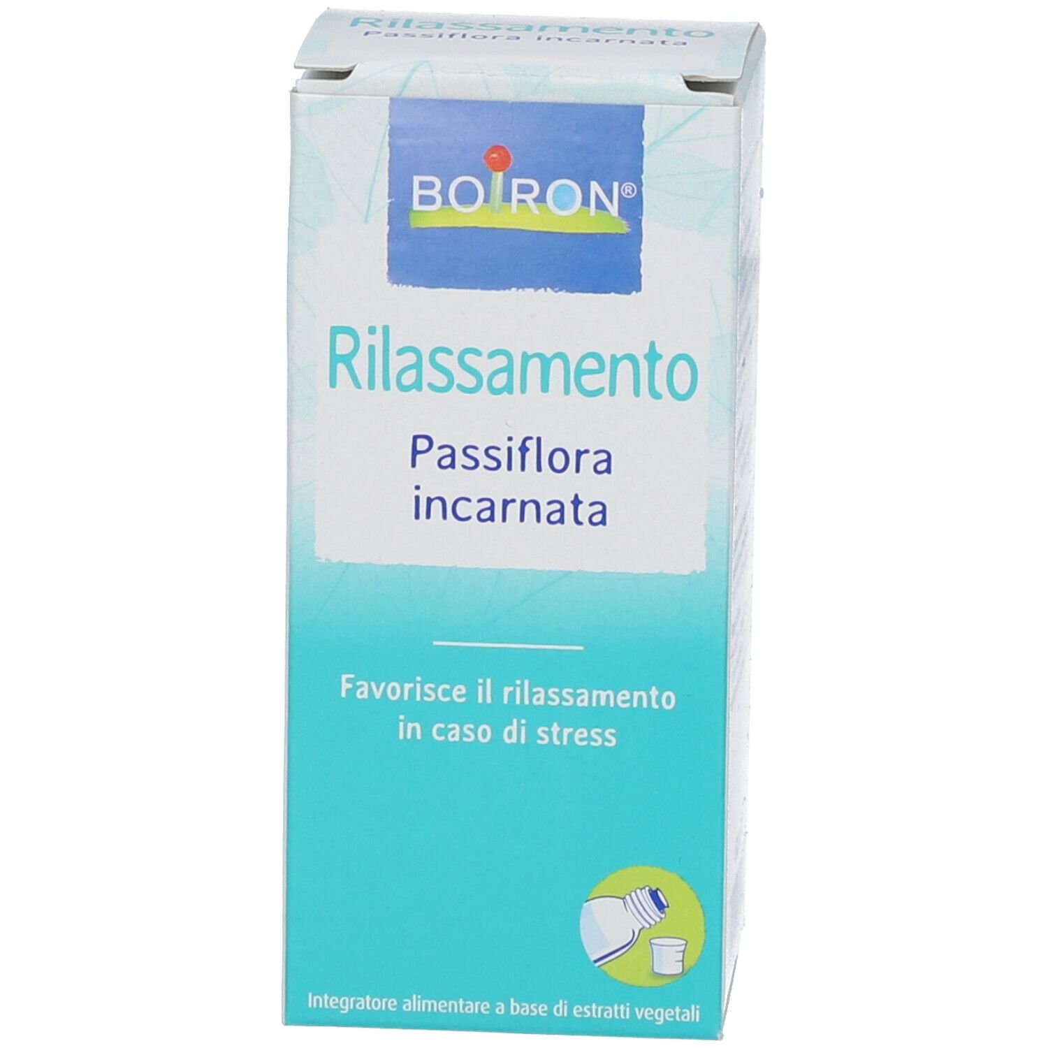 Scatola con scritta BOIRON Rilassamento. Contiene Passiflora incarnata. Favorisce il rilassamento in caso di stress. Con illustrazione.