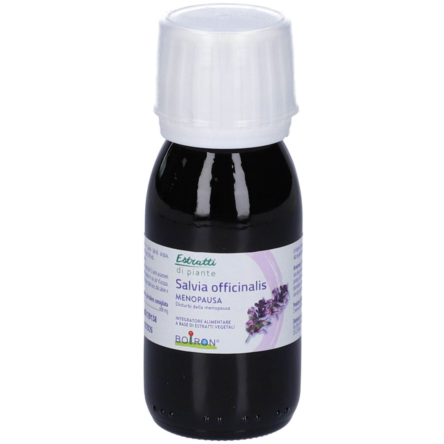 Flacone di vetro marrone con tappo bianco. Etichetta con nome prodotto: Salvia officinalis Menopausa. Marchio: BOIRON. Contenuto liquido.