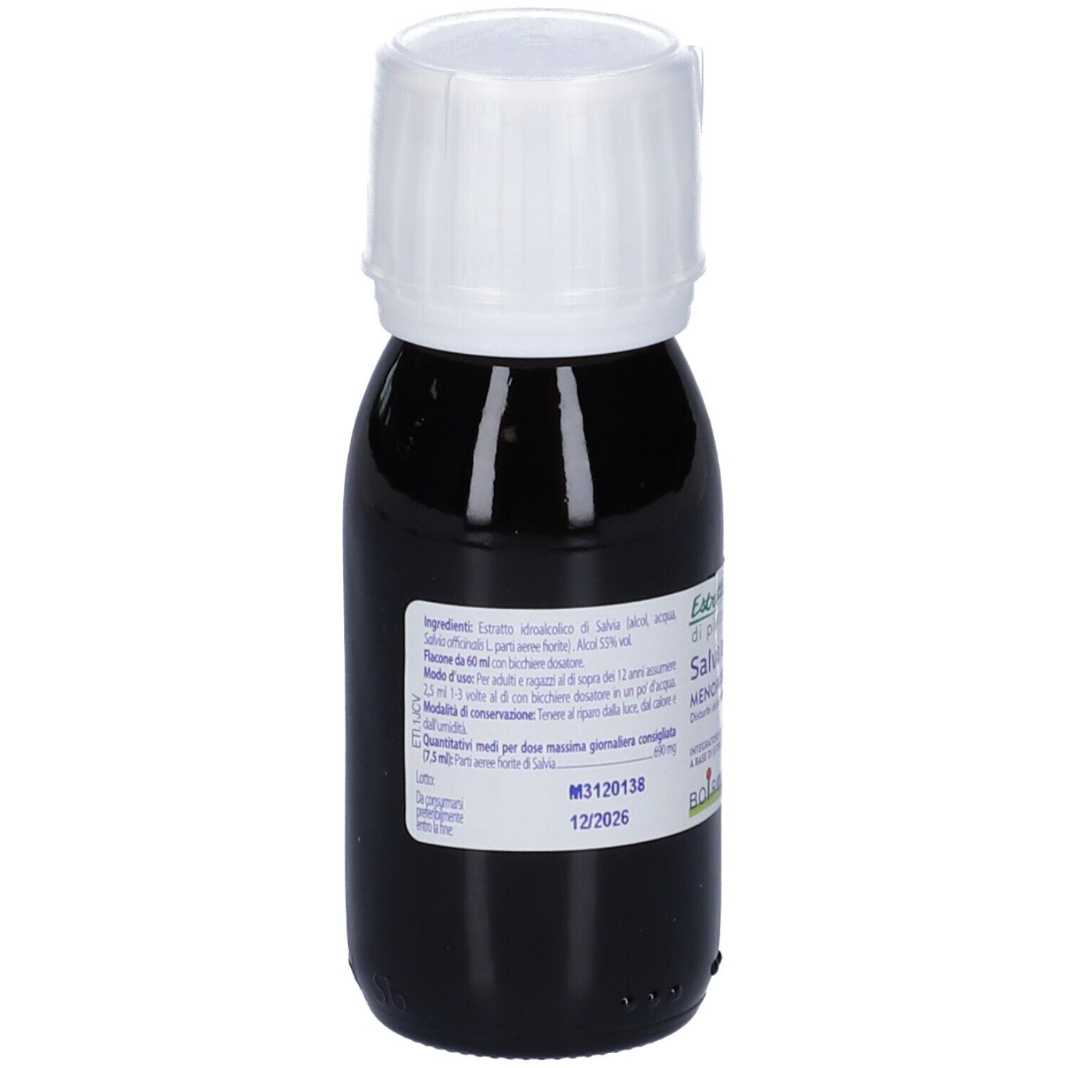 Flacone di vetro marrone con tappo bianco. Etichetta con informazioni sul prodotto. Scritta: Salvia officinalis Menopausa. Marchio: BOIRON. Liquido.