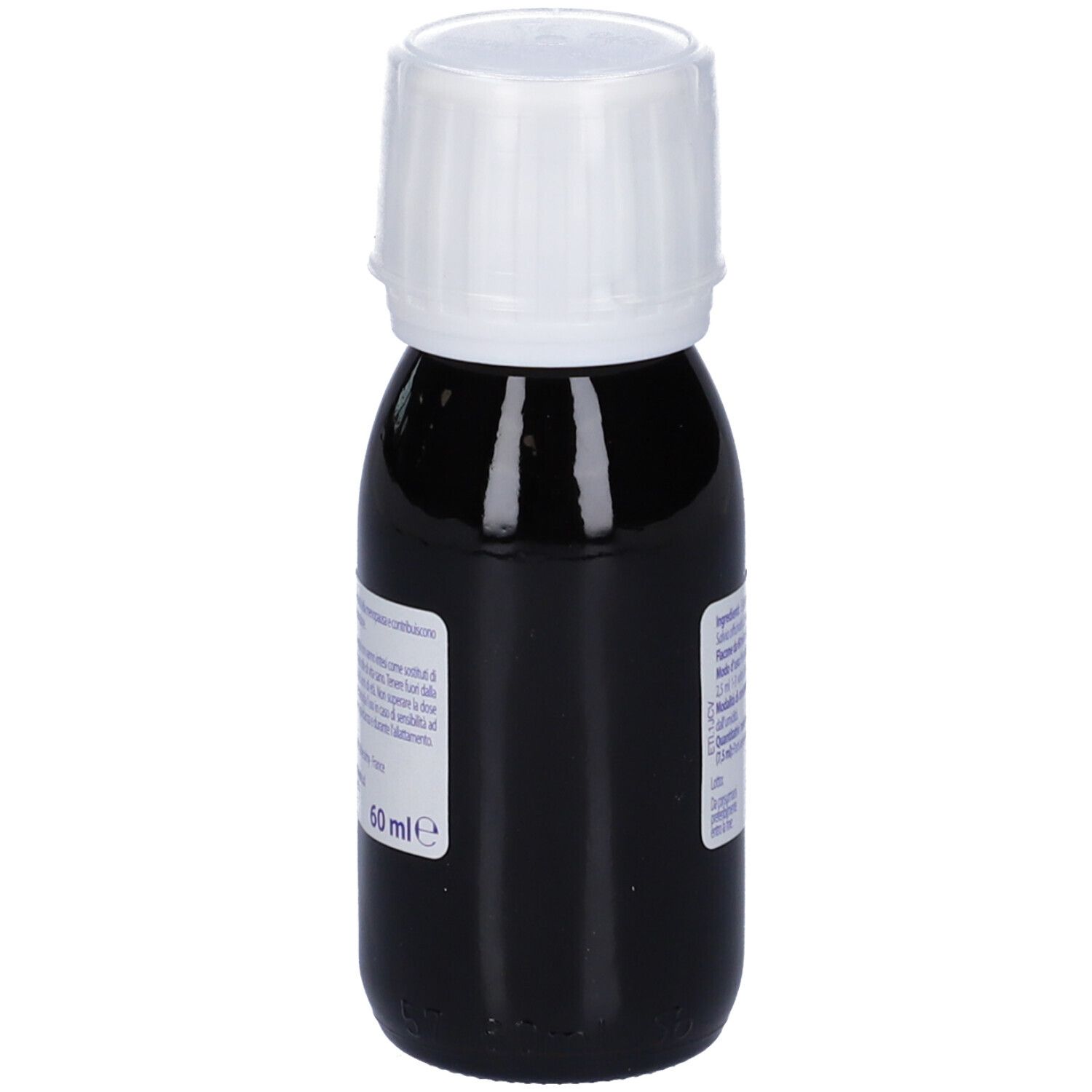 Flacone di vetro marrone con tappo bianco. Etichetta con informazioni sul prodotto. Scritta: Salvia officinalis Menopausa. Volume: 50 ml.