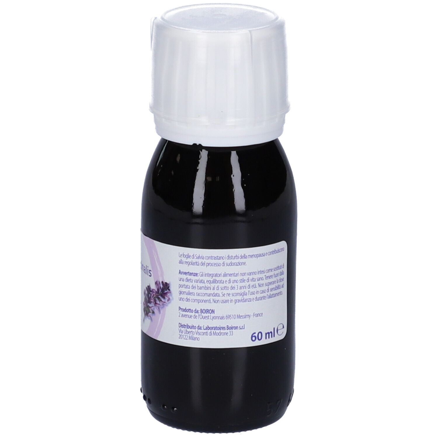 Flacone di vetro marrone con tappo bianco. Etichetta con informazioni sul prodotto. Scritta: Salvia officinalis Menopausa. Volume: 60 ml.