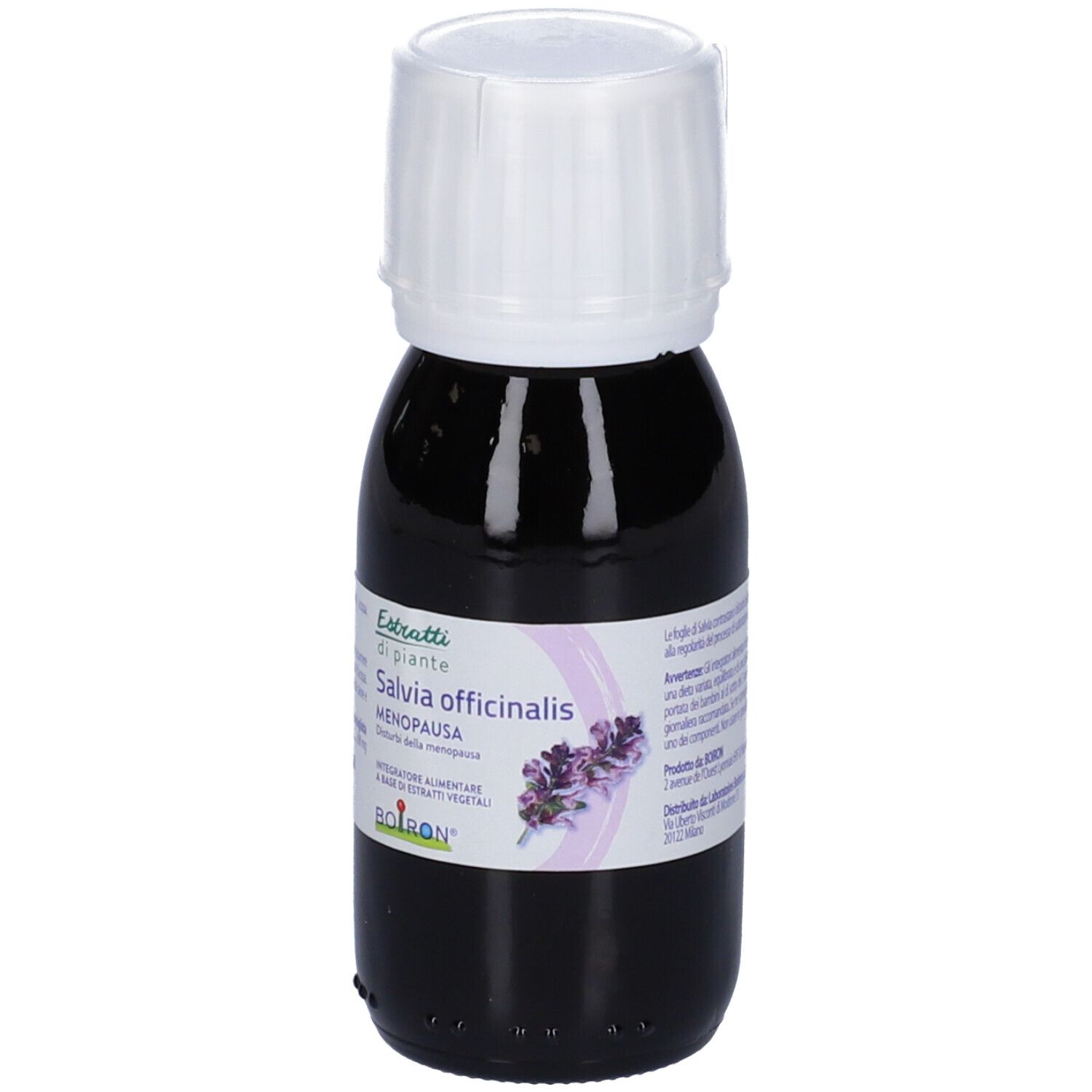 Flacone di vetro marrone con tappo bianco. Etichetta con informazioni sul prodotto. Scritta: Salvia officinalis Menopausa. Marchio: BOIRON.