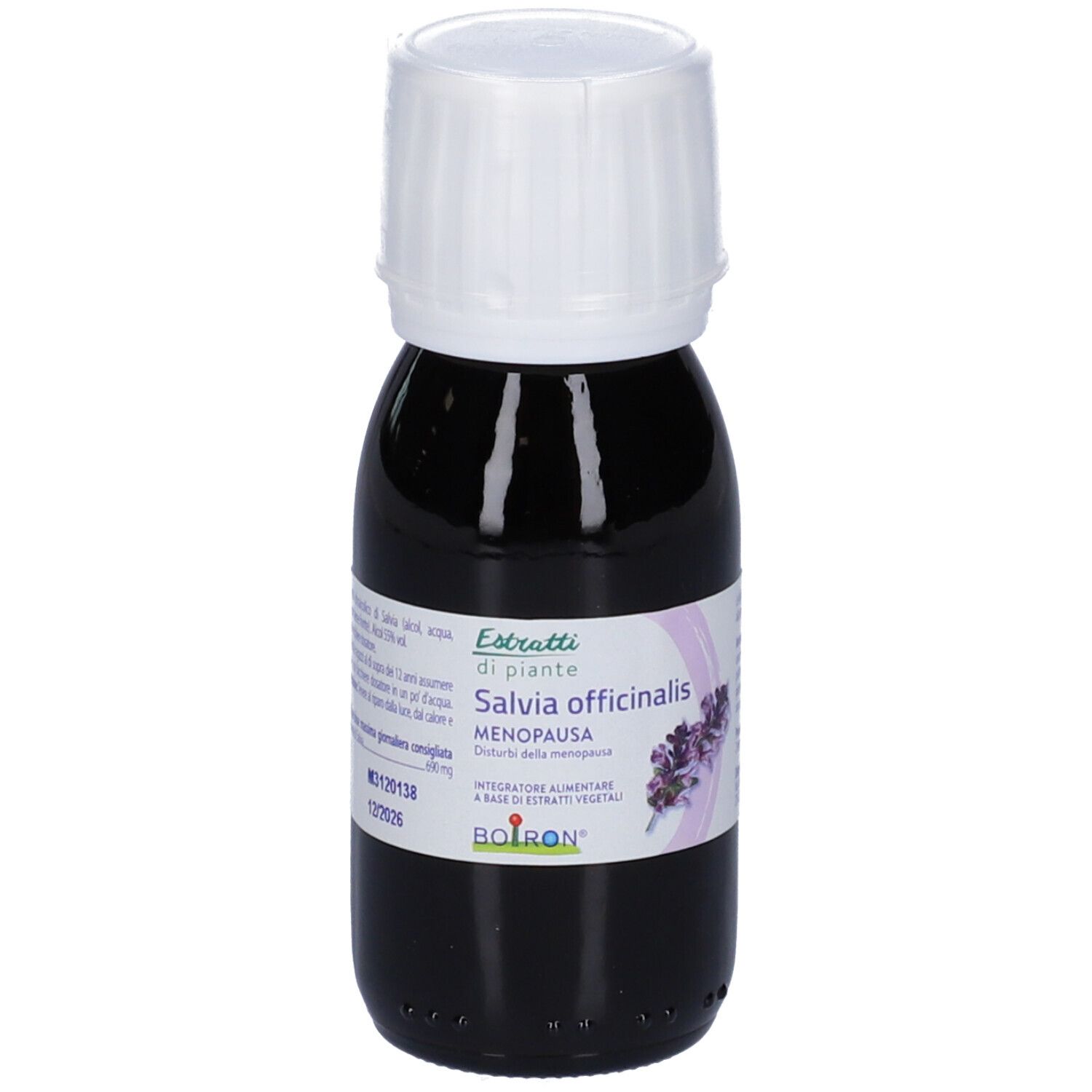 Flacone di vetro marrone con tappo bianco. Etichetta con informazioni sul prodotto. Scritta: Salvia officinalis Menopausa. Marchio: BOIRON. Scadenza.