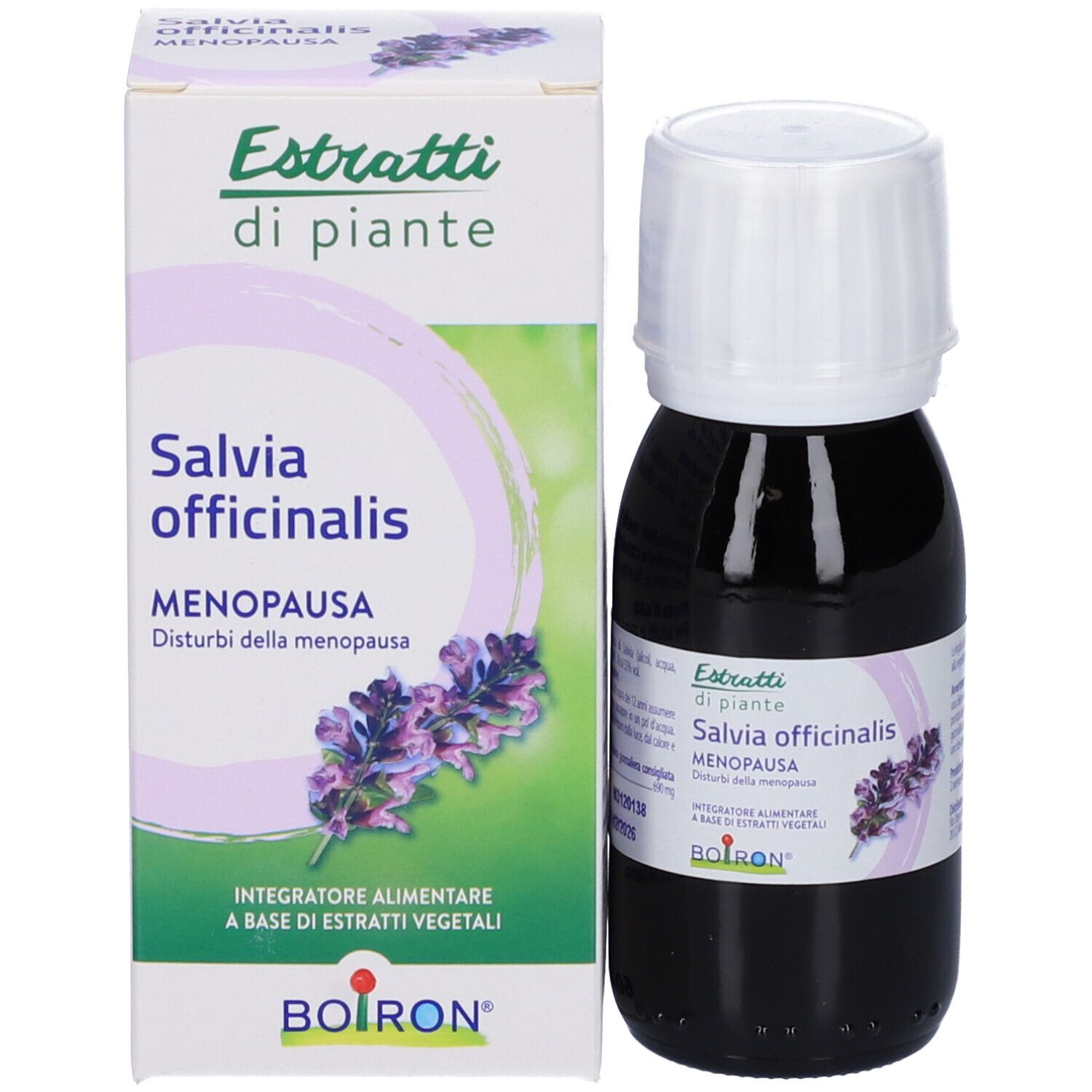 Flacone di vetro marrone con tappo bianco e scatola. Scritta: Salvia officinalis Menopausa. Marchio: BOIRON. Confezione del prodotto.