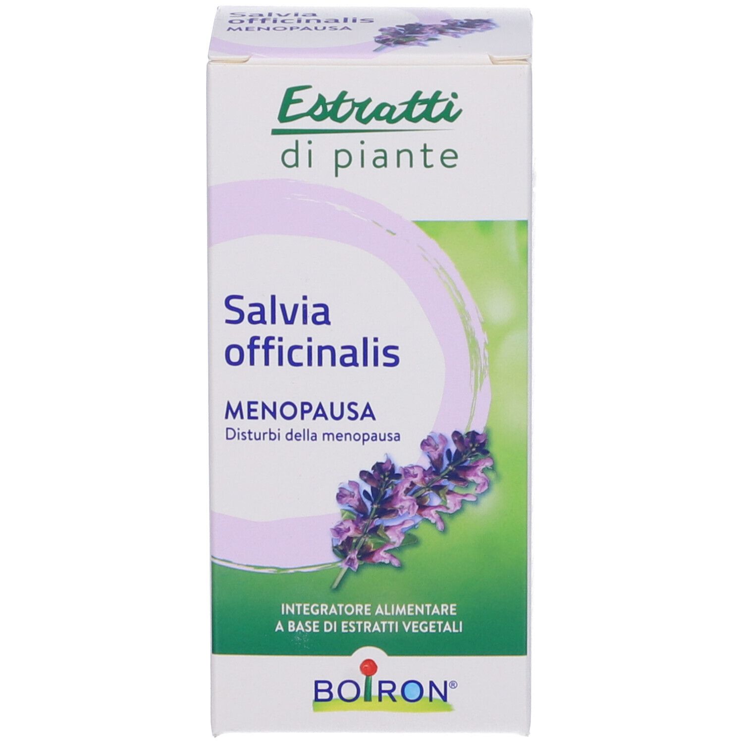 Scatola con informazioni sul prodotto. Scritta: Salvia officinalis Menopausa. Marchio: BOIRON. Confezione del prodotto.