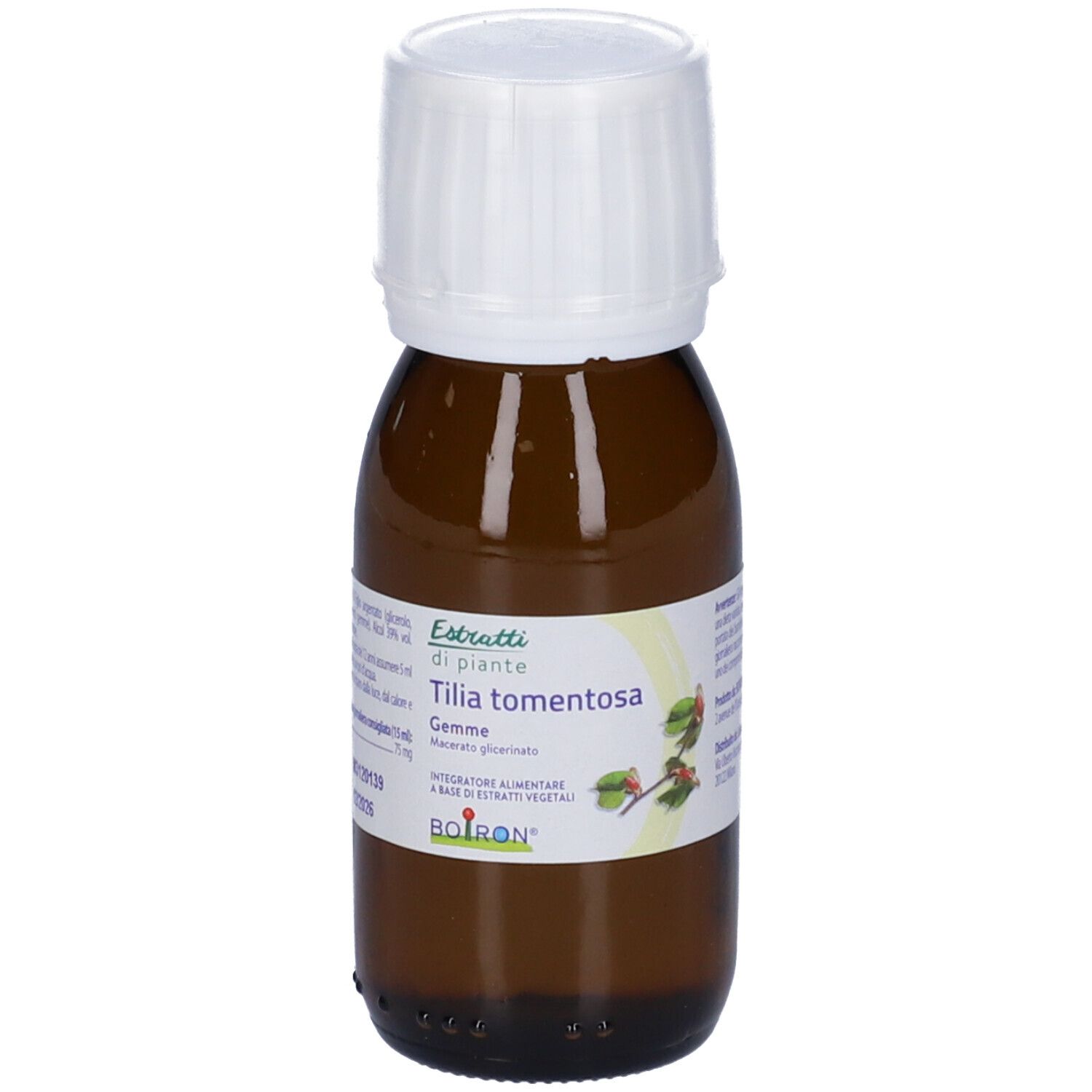 Flacone di vetro marrone con tappo bianco. Scritto: Tilia tomentosa Gemme. Marchio BOIRON.