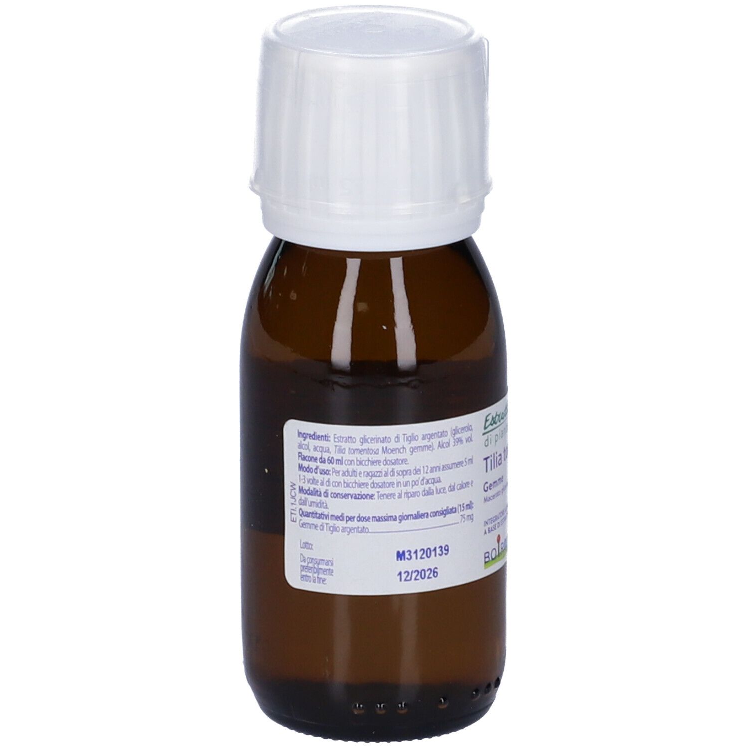 Flacone di vetro marrone con tappo bianco. Etichetta con informazioni sul prodotto e scritta: Tilia tomentosa Gemme.