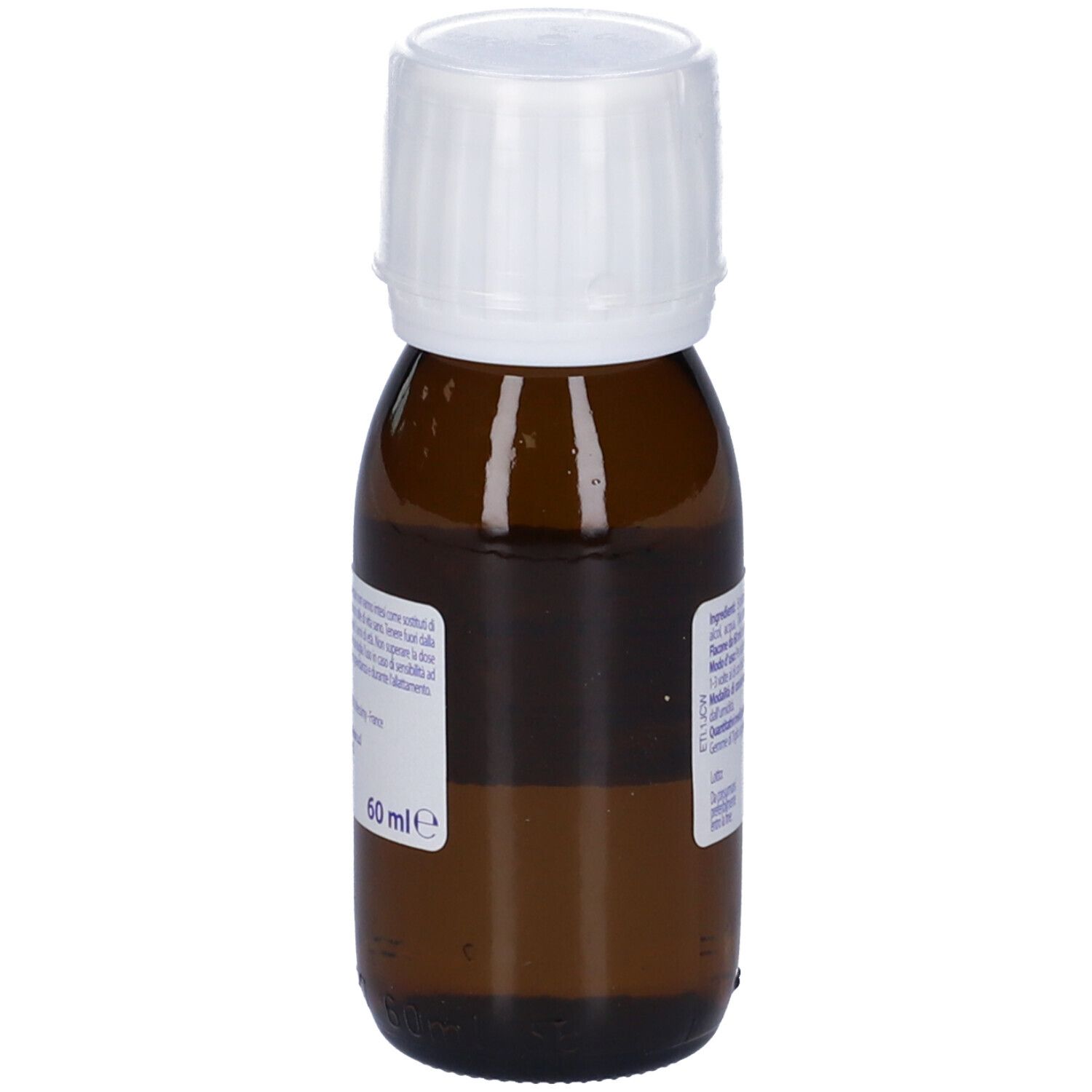 Flacone di vetro marrone con tappo bianco. Etichetta con informazioni sul prodotto e scritta: Tilia tomentosa Gemme. 60 ml.