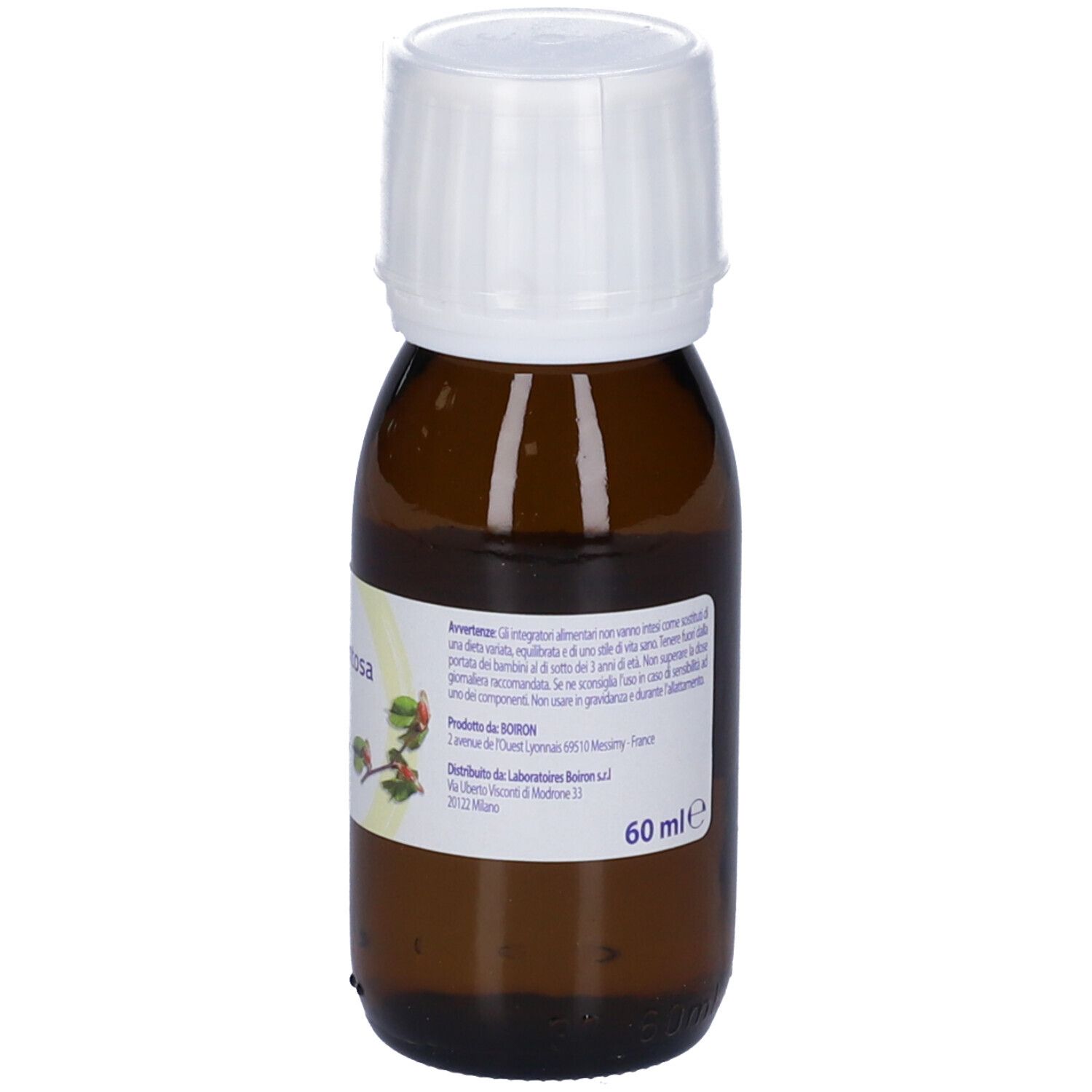 Flacone di vetro marrone con tappo bianco. Etichetta con informazioni sul prodotto e scritta: Tilia tomentosa Gemme. 60 ml.
