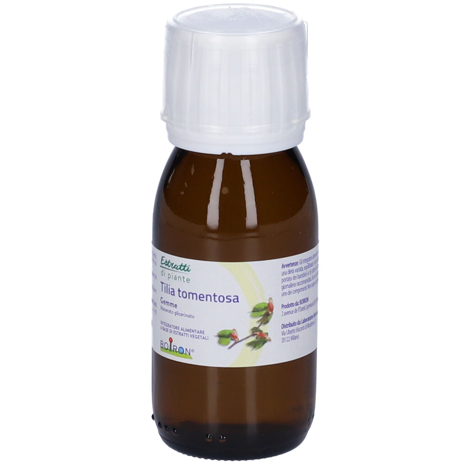 Flacone di vetro marrone con tappo bianco. Scritto: Tilia tomentosa Gemme. Marchio BOIRON.