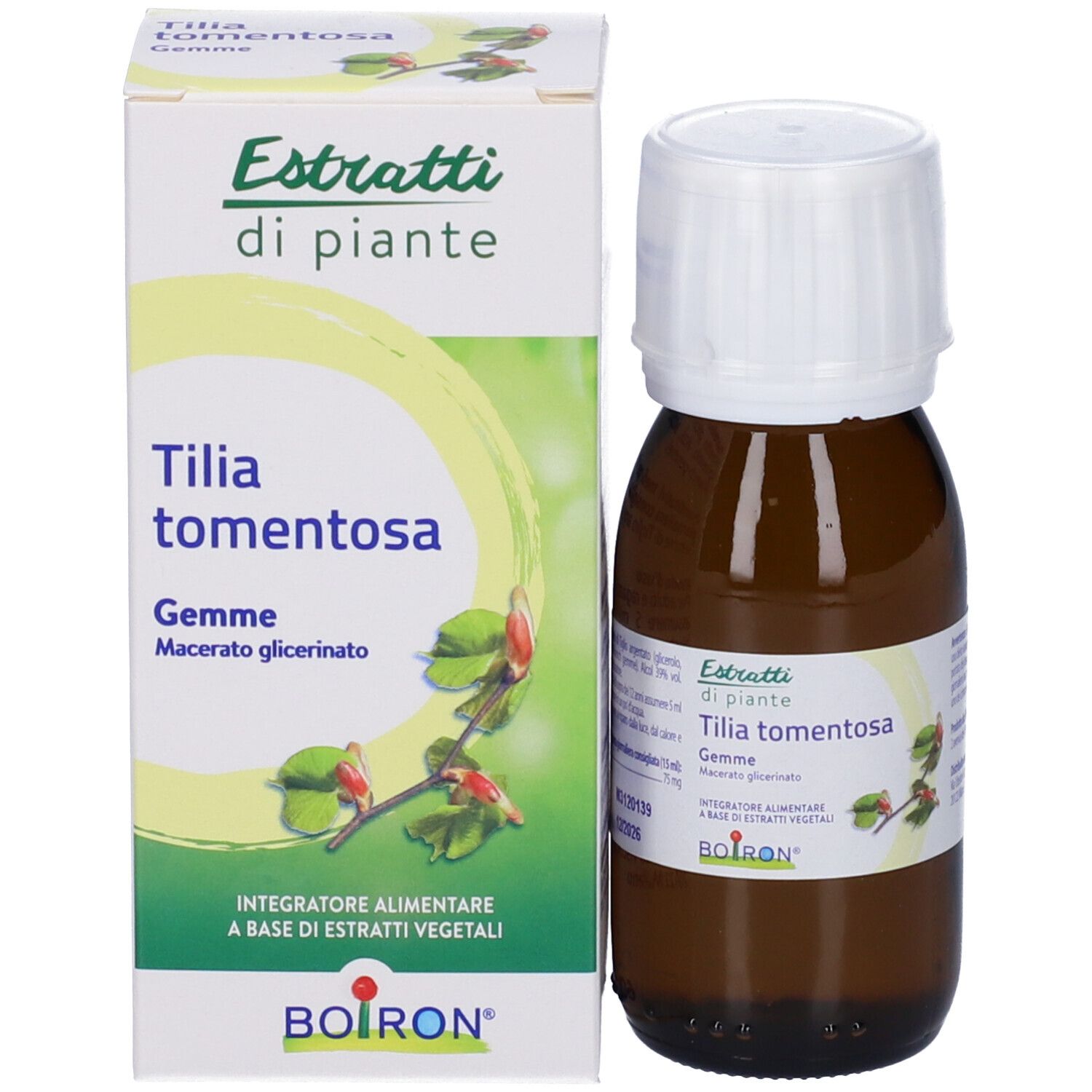 Flacone di vetro marrone e scatola con Tilia tomentosa Gemme. Marchio BOIRON.
