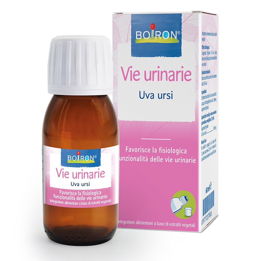 Flacone di vetro marrone con tappo bianco ed etichetta. Scatola accanto con informazioni sul prodotto. Scritta: BOIRON, Uva ursi.