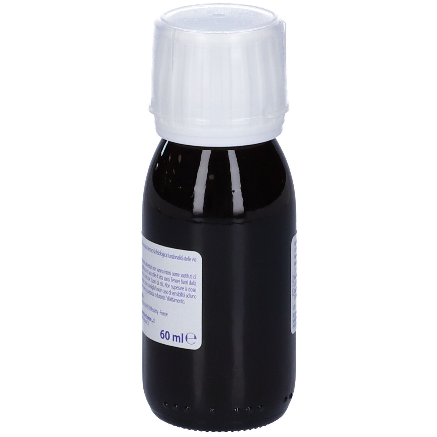 Flacone di vetro marrone con tappo bianco. Etichetta con informazioni sul prodotto. Scritta: Estratti di piante, Uva ursi, BOIRON, 60 ml.