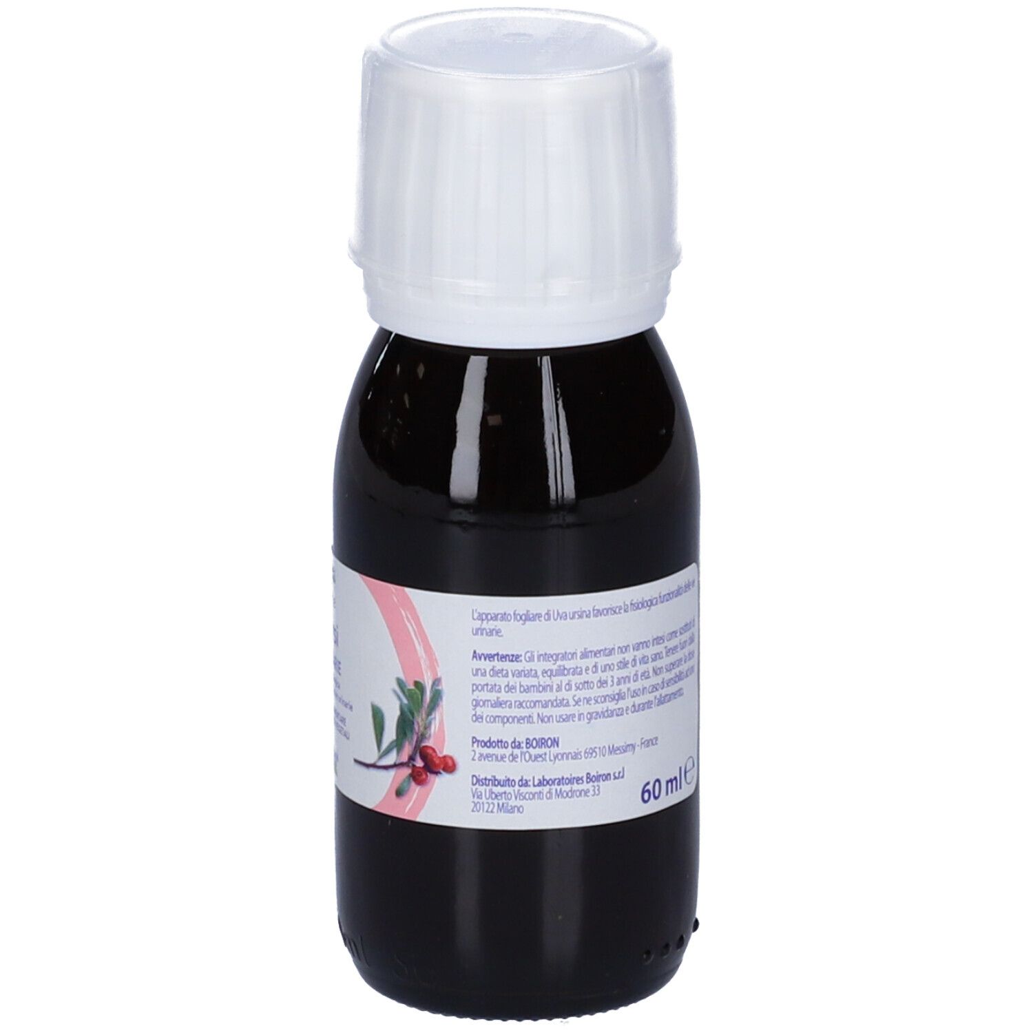 Flacone di vetro marrone con tappo bianco. Etichetta con informazioni sul prodotto. Scritta: Estratti di piante, Uva ursi, BOIRON, 60 ml.