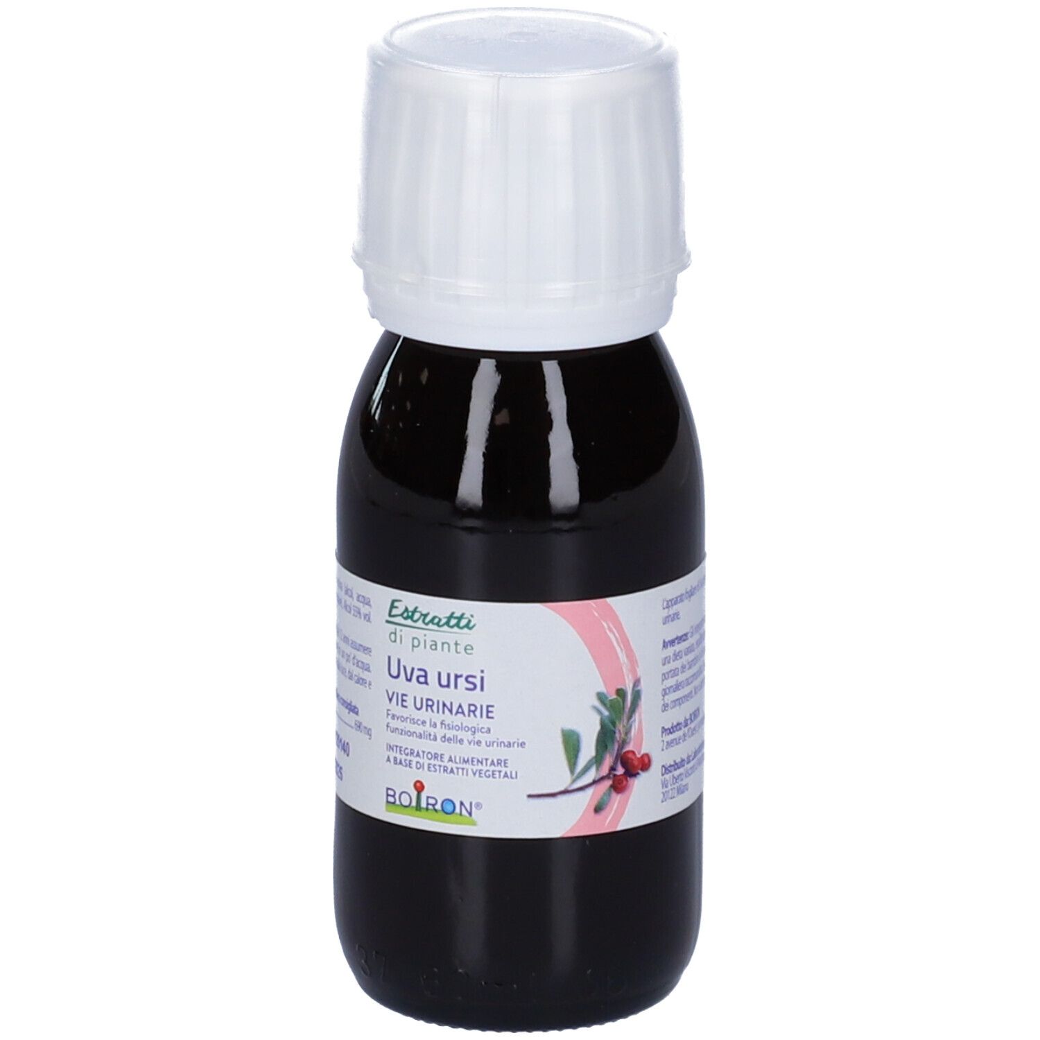 Flacone di vetro marrone con tappo bianco. Etichetta con informazioni sul prodotto. Scritta: Estratti di piante, Uva ursi, BOIRON, 60 ml.