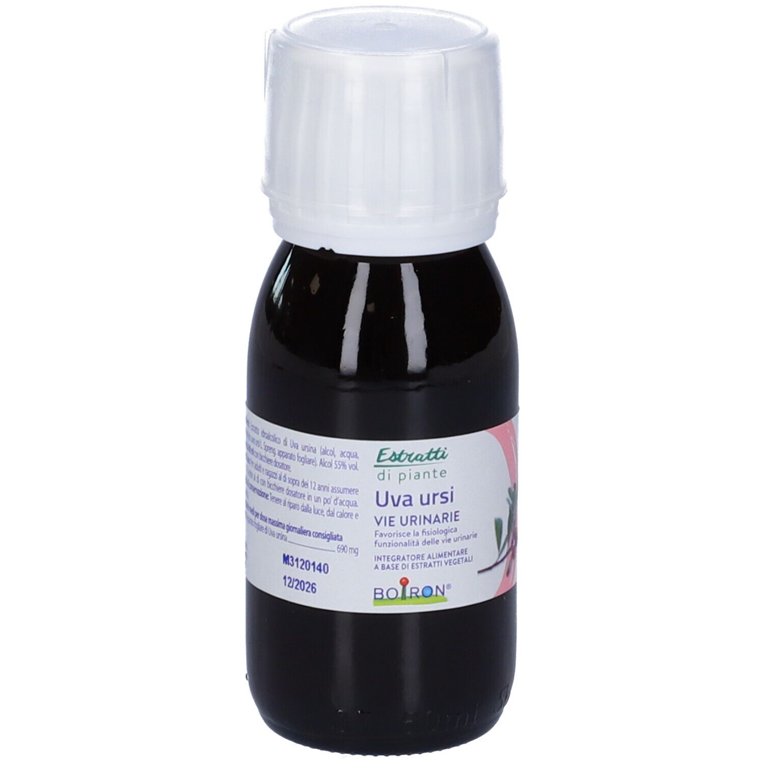 Flacone di vetro marrone con tappo bianco. Etichetta con informazioni sul prodotto. Scritta: Estratti di piante, Uva ursi, BOIRON.