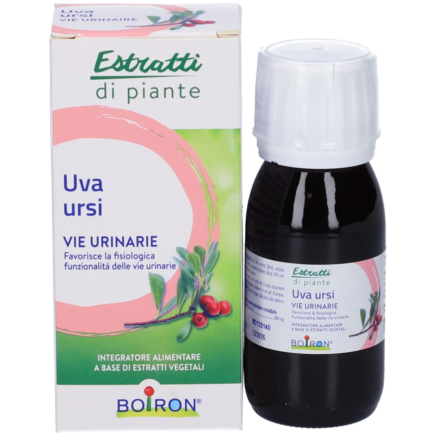 Flacone di vetro marrone con tappo bianco e scatola. Scritta: Estratti di piante, Uva ursi, BOIRON.