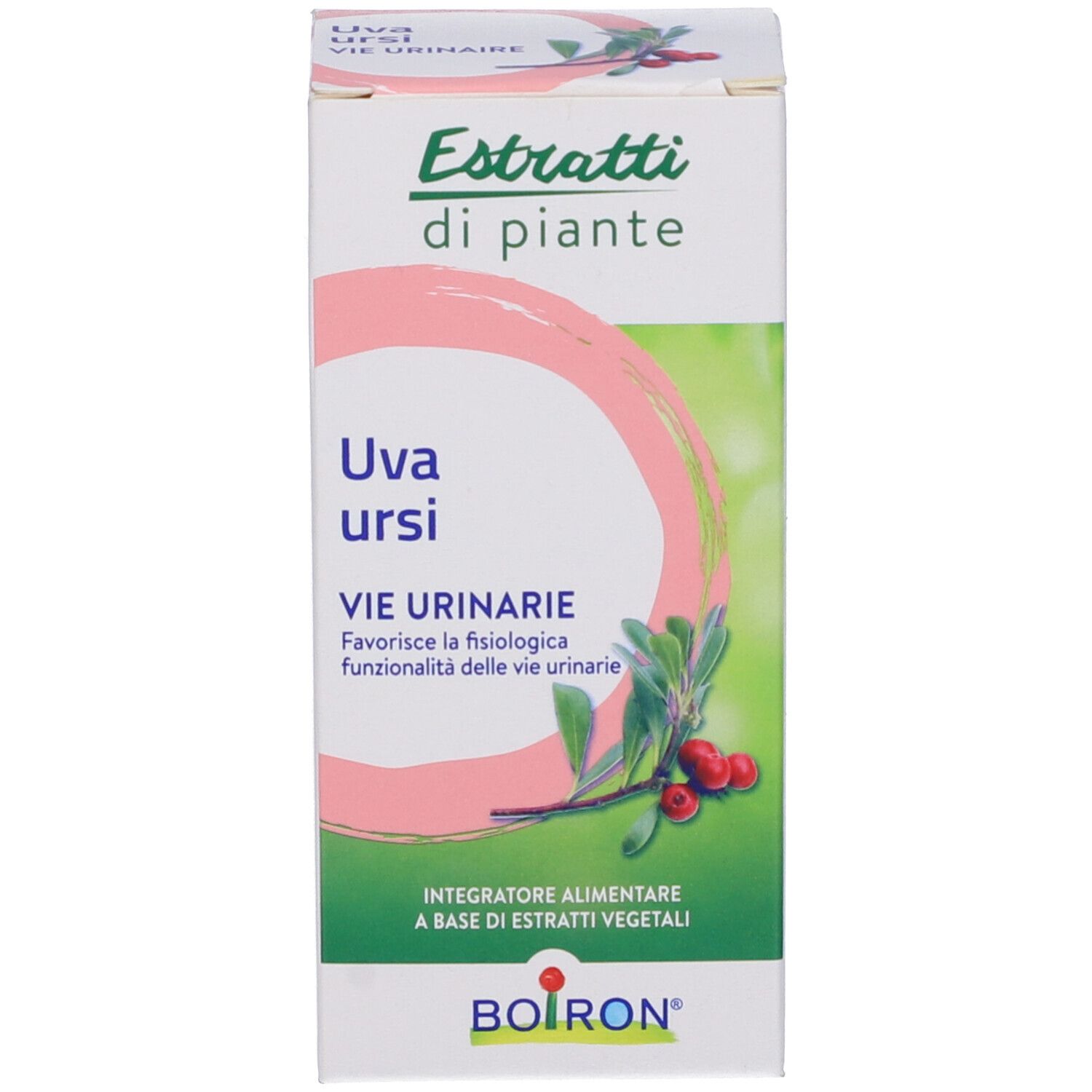 Scatola con informazioni sul prodotto. Scritta: Estratti di piante, Uva ursi, BOIRON.