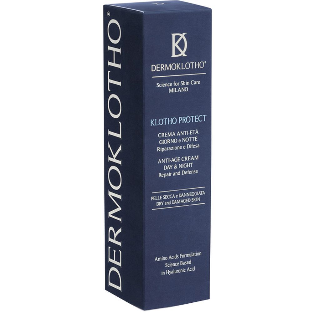 Confezione blu scuro con informazioni sul prodotto. Scritte: DERMOKLOTHO, KLOTHO PROTECT, Crema anti-età, Giorno & Notte. Per pelle secca.