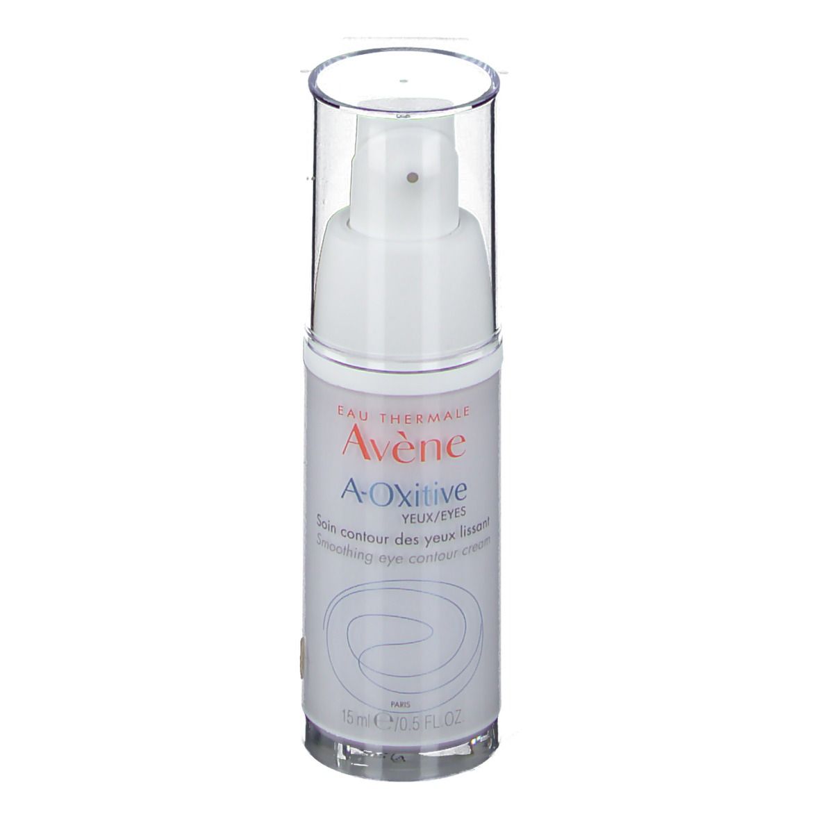 Flacon blanc avec pompe. Inscription: Eau Thermale Avène, A-Oxitive, crème contour des yeux. 15 ml.