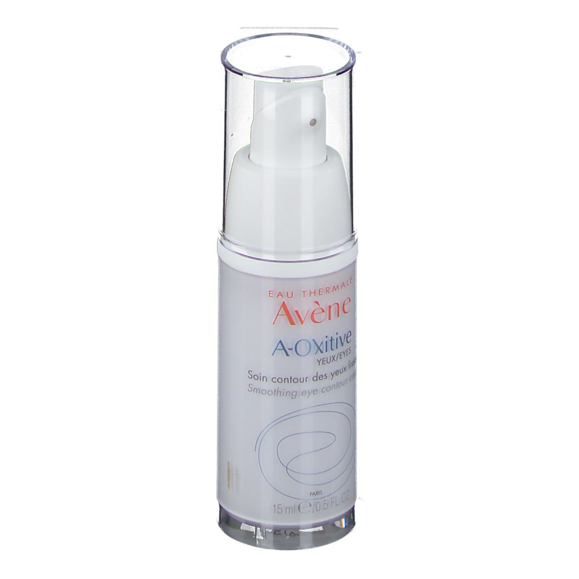 Flacon blanc avec pompe. Inscription: Eau Thermale Avène, A-Oxitive, crème contour des yeux. 15 ml.